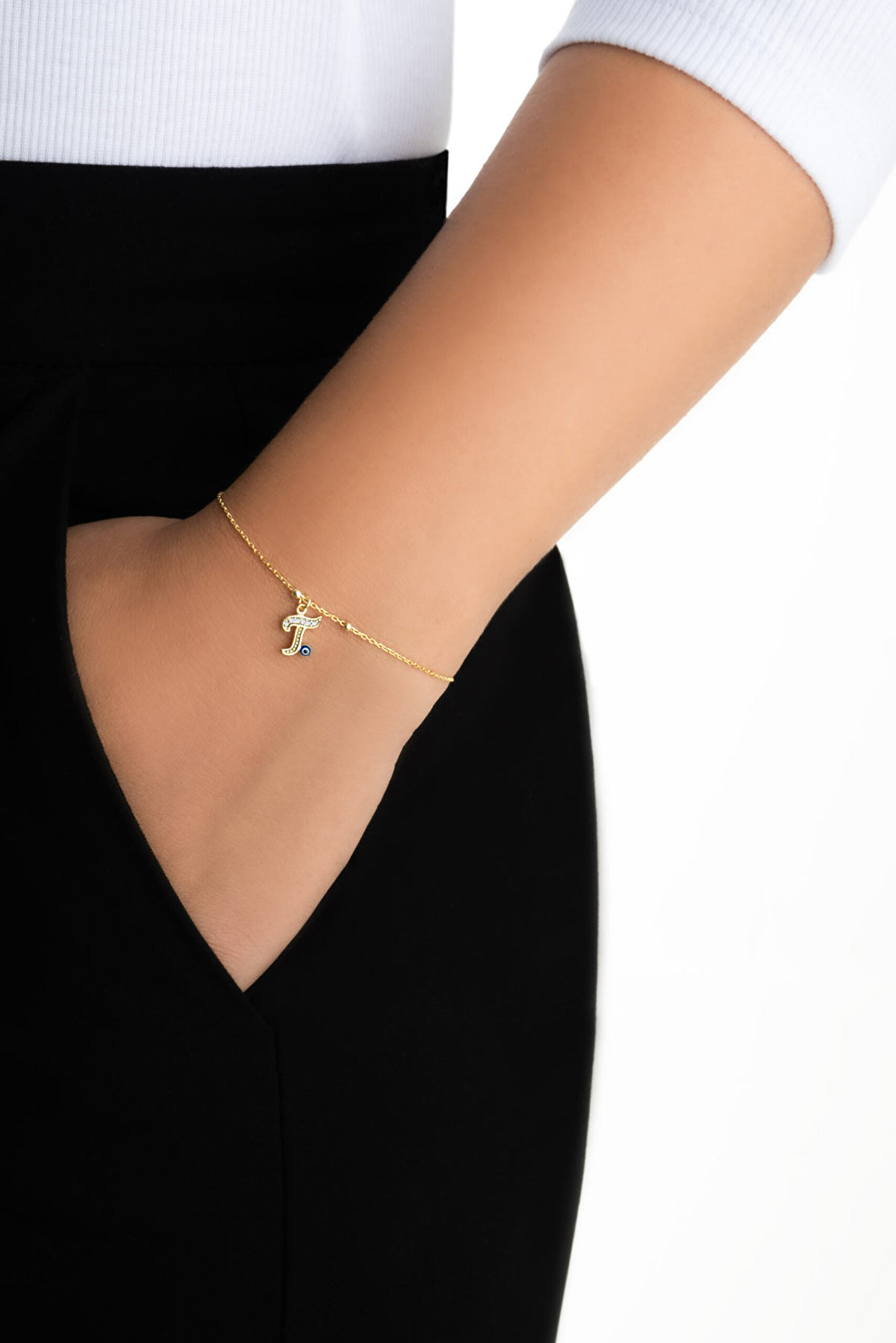 ⁠ T Harfi 18 Ayar Sarı Altın Kaplama 19 Cm Gümüş Nazar Bileklik_3}