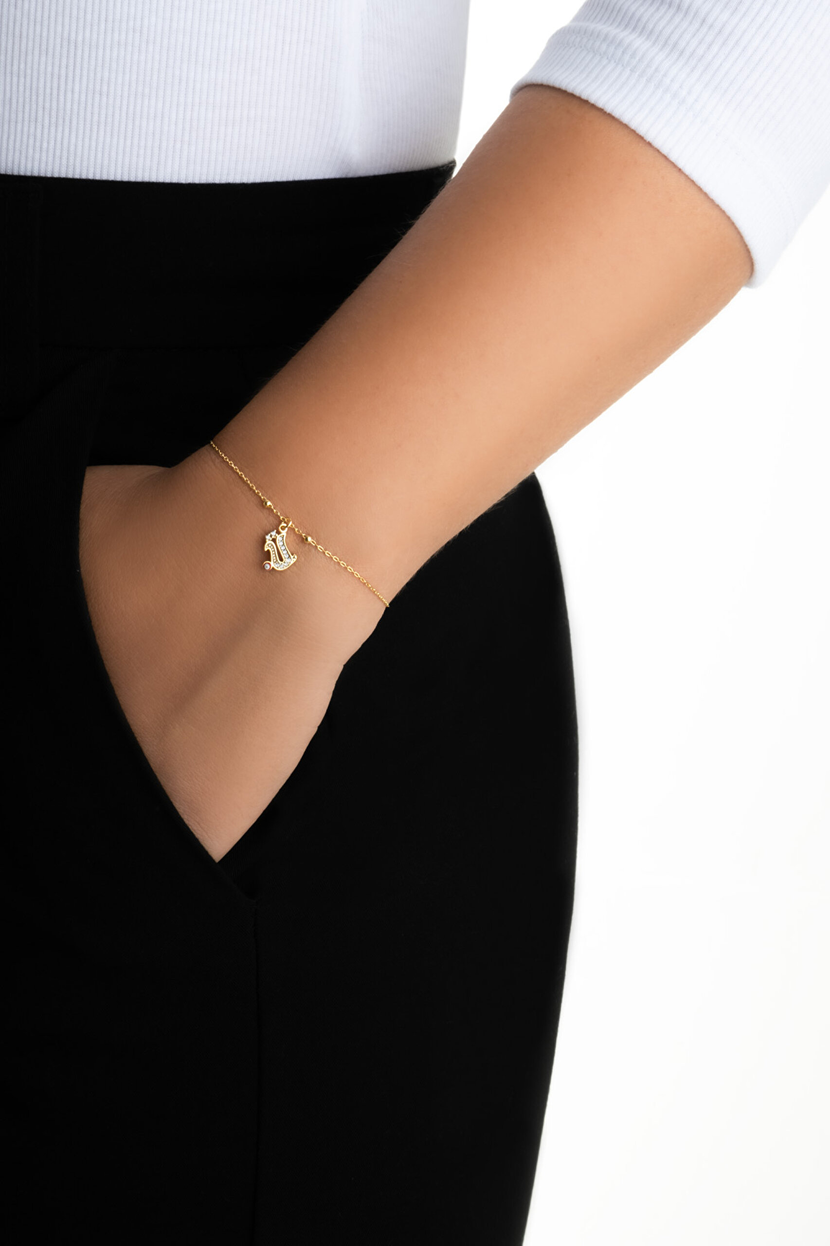 ⁠ Ü Harfi 18 Ayar Sarı Altın Kaplama 19 Cm Gümüş Nazar Bileklik_3}