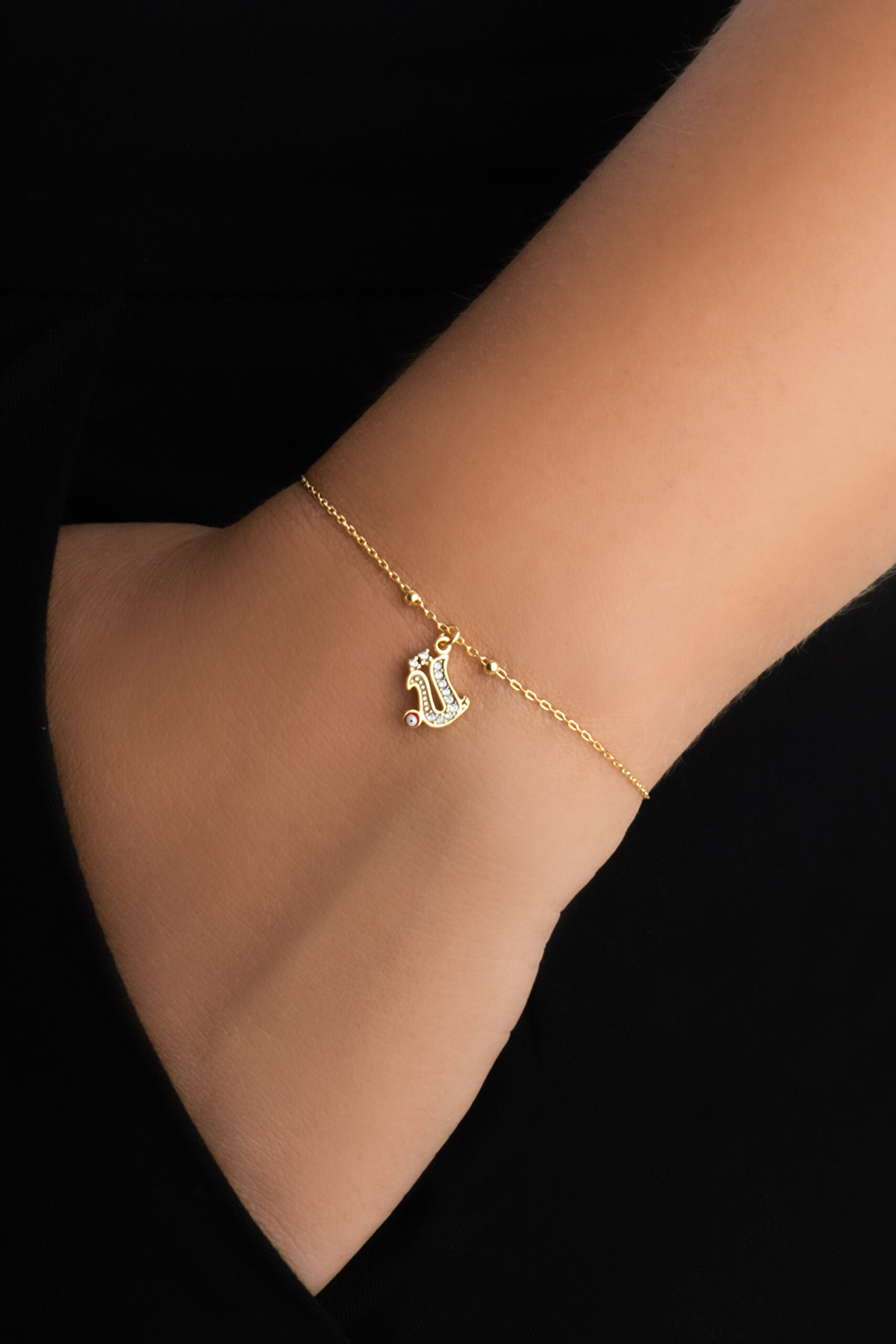 ⁠ Ü Harfi 18 Ayar Sarı Altın Kaplama 19 Cm Gümüş Nazar Bileklik_1}