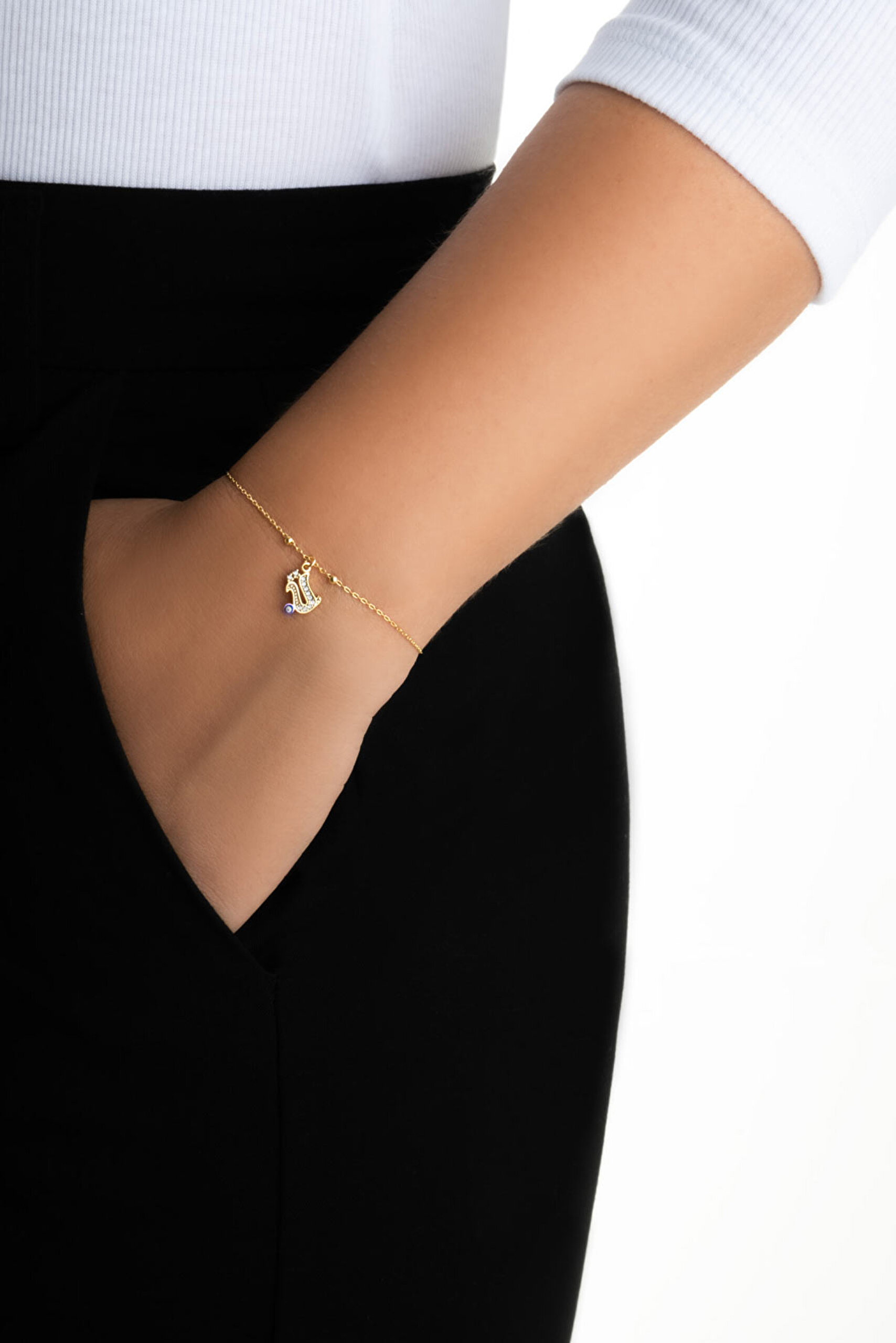 ⁠ Ü Harfi 18 Ayar Sarı Altın Kaplama 19 Cm Gümüş Nazar Bileklik_3}