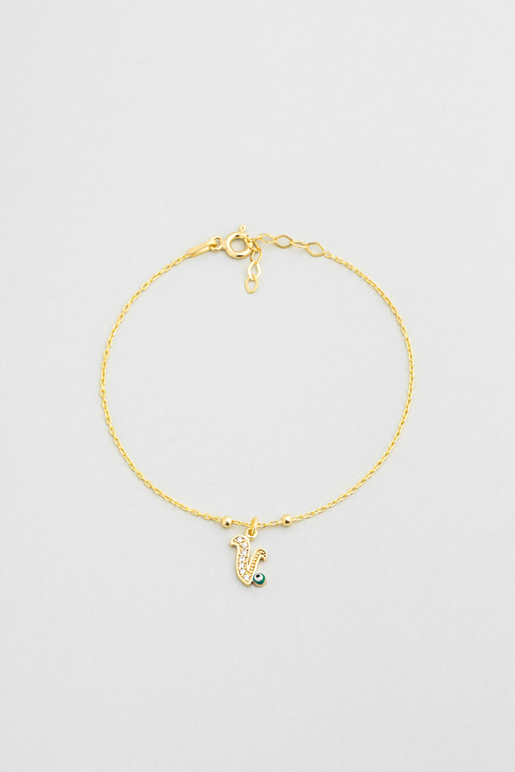 ⁠ V Harfi 18 Ayar Sarı Altın Kaplama 19 Cm Gümüş Nazar Bileklik_0}