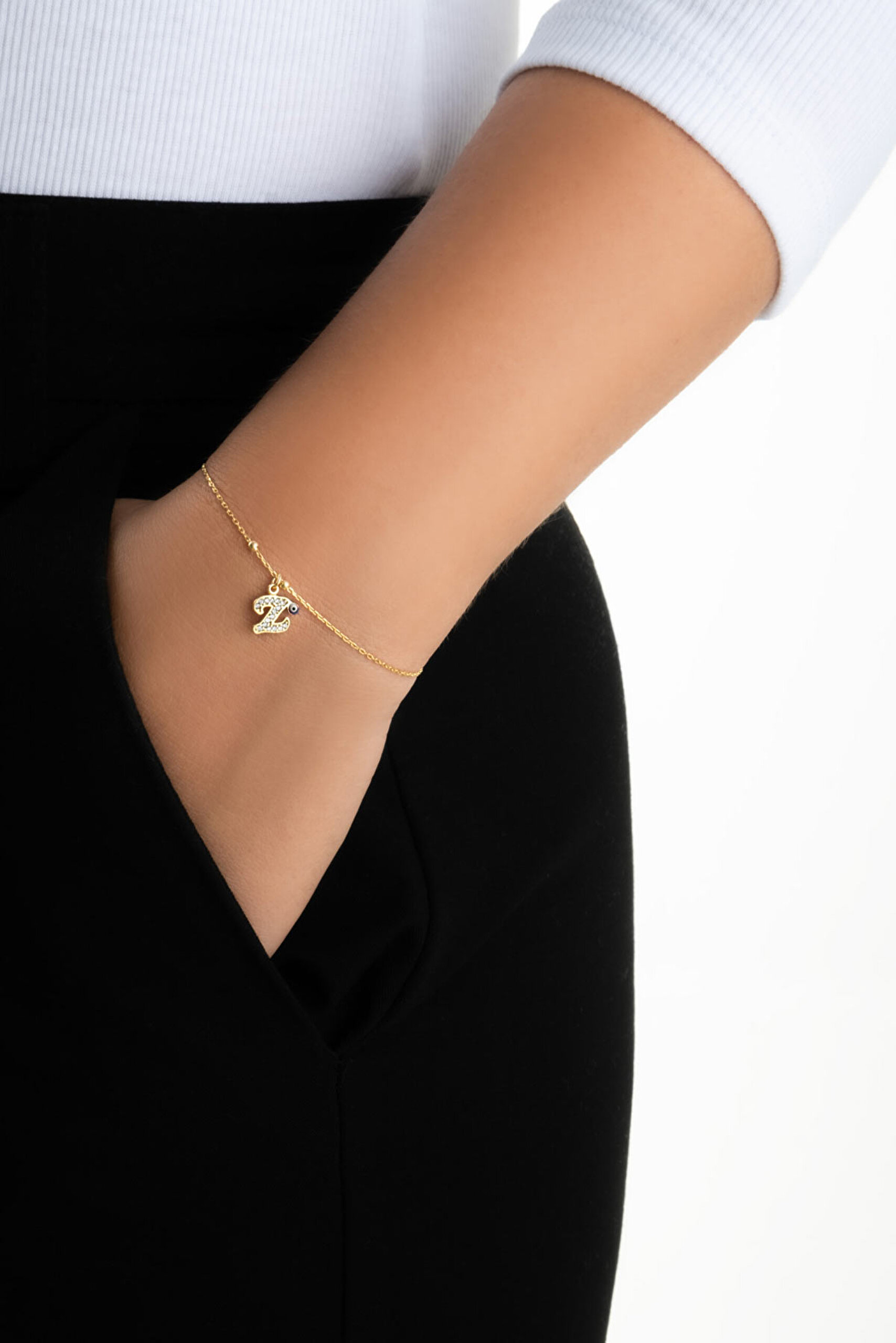 ⁠ Z Harfi 18 Ayar Sarı Altın Kaplama 19 Cm Gümüş Nazar Bileklik_3}