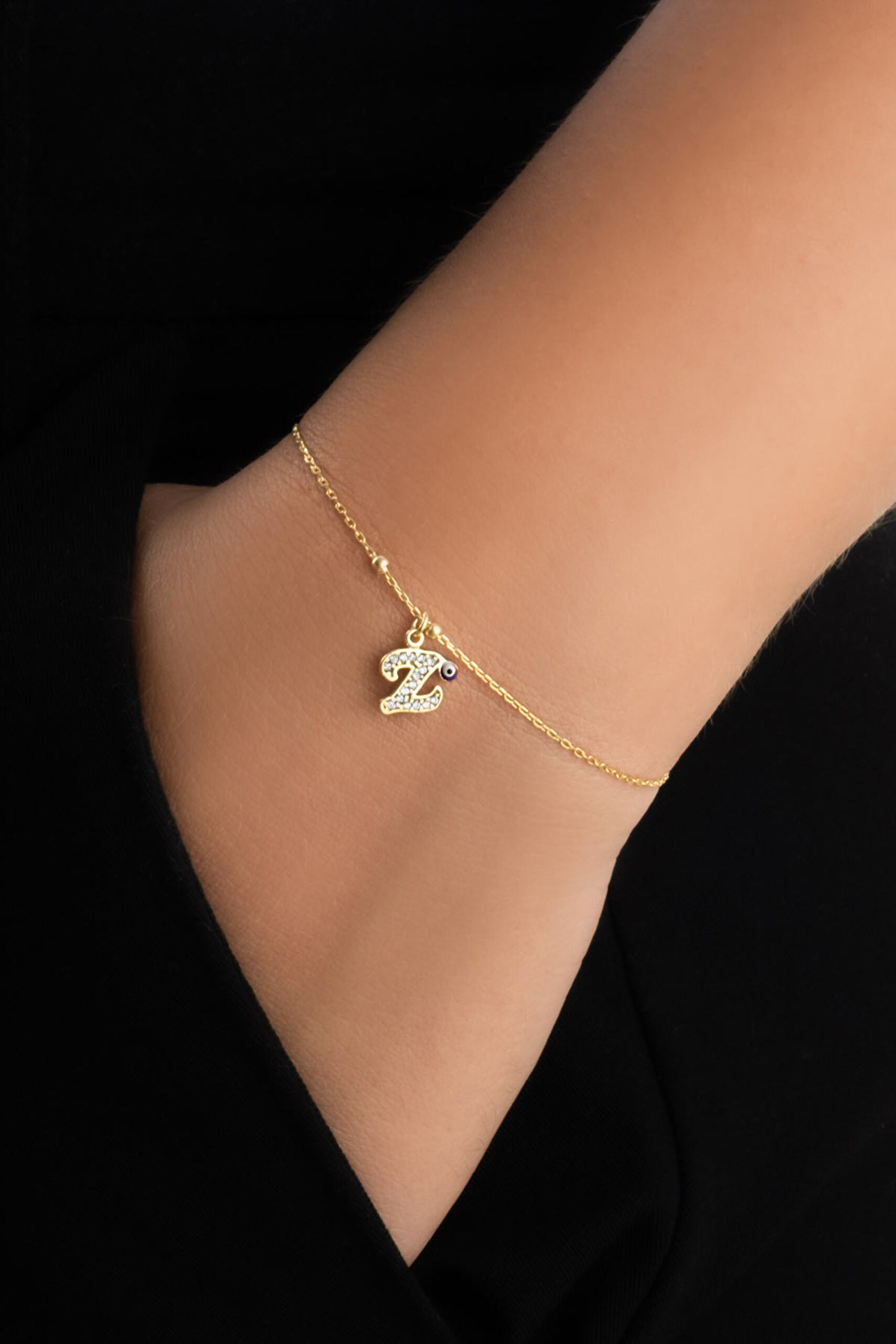 ⁠ Z Harfi 18 Ayar Sarı Altın Kaplama 19 Cm Gümüş Nazar Bileklik_1}