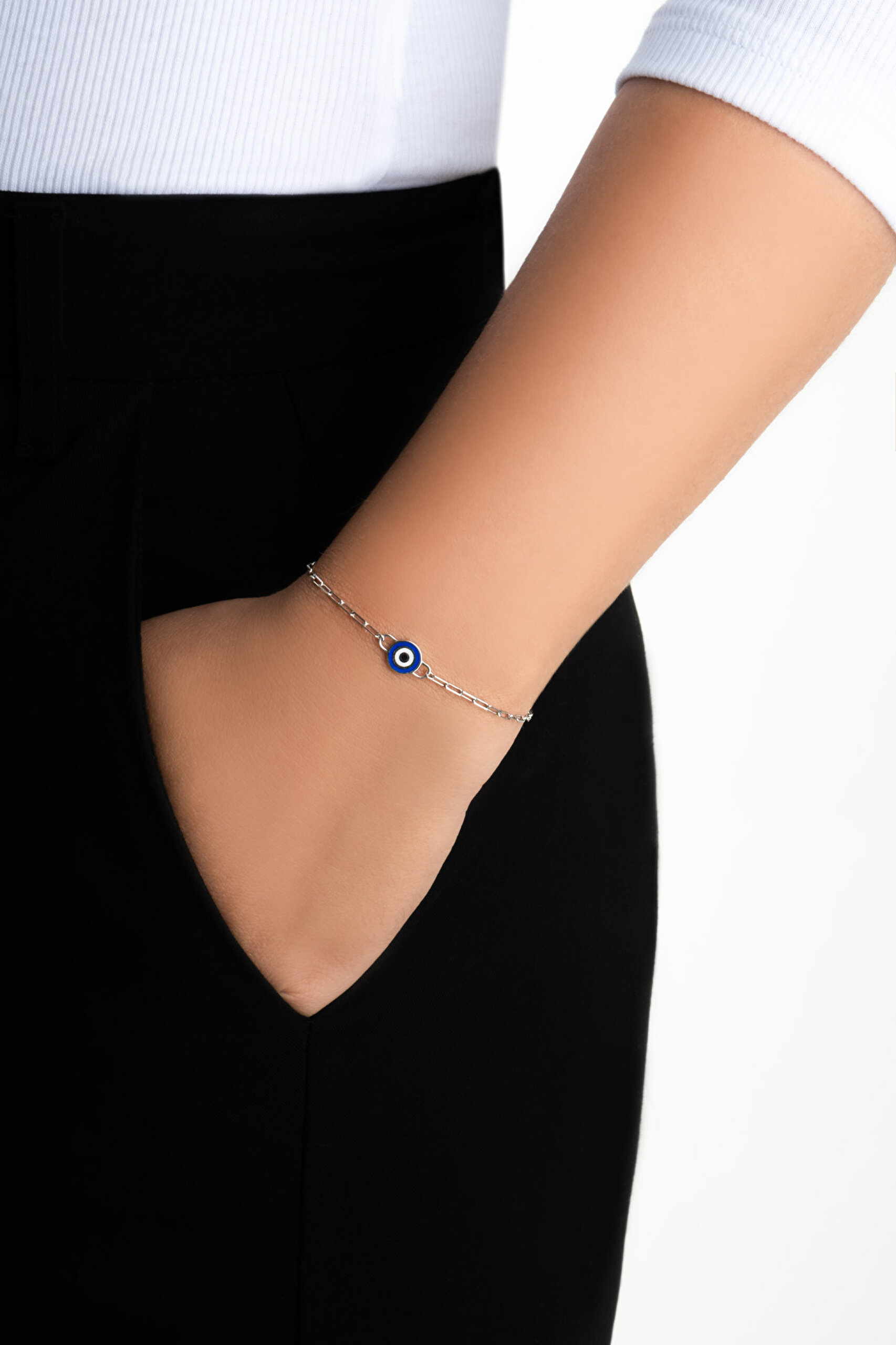 ⁠ Osiris'in Gözü Çift Taraflı 18 Ayar Beyaz Altın Kaplama 19 Cm Gümüş Nazar Bileklik_3}