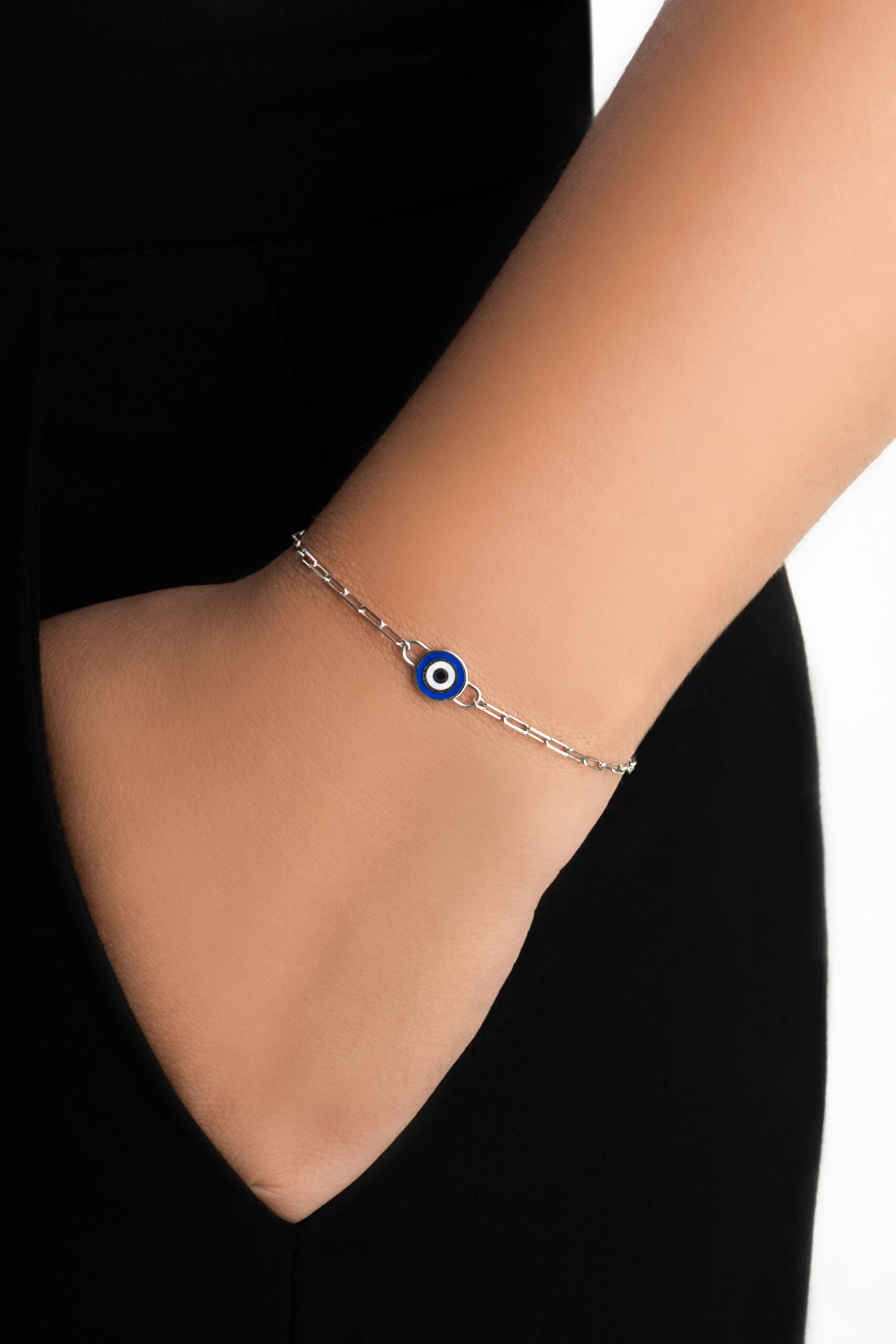 ⁠ Osiris'in Gözü Çift Taraflı 18 Ayar Beyaz Altın Kaplama 19 Cm Gümüş Nazar Bileklik_1}