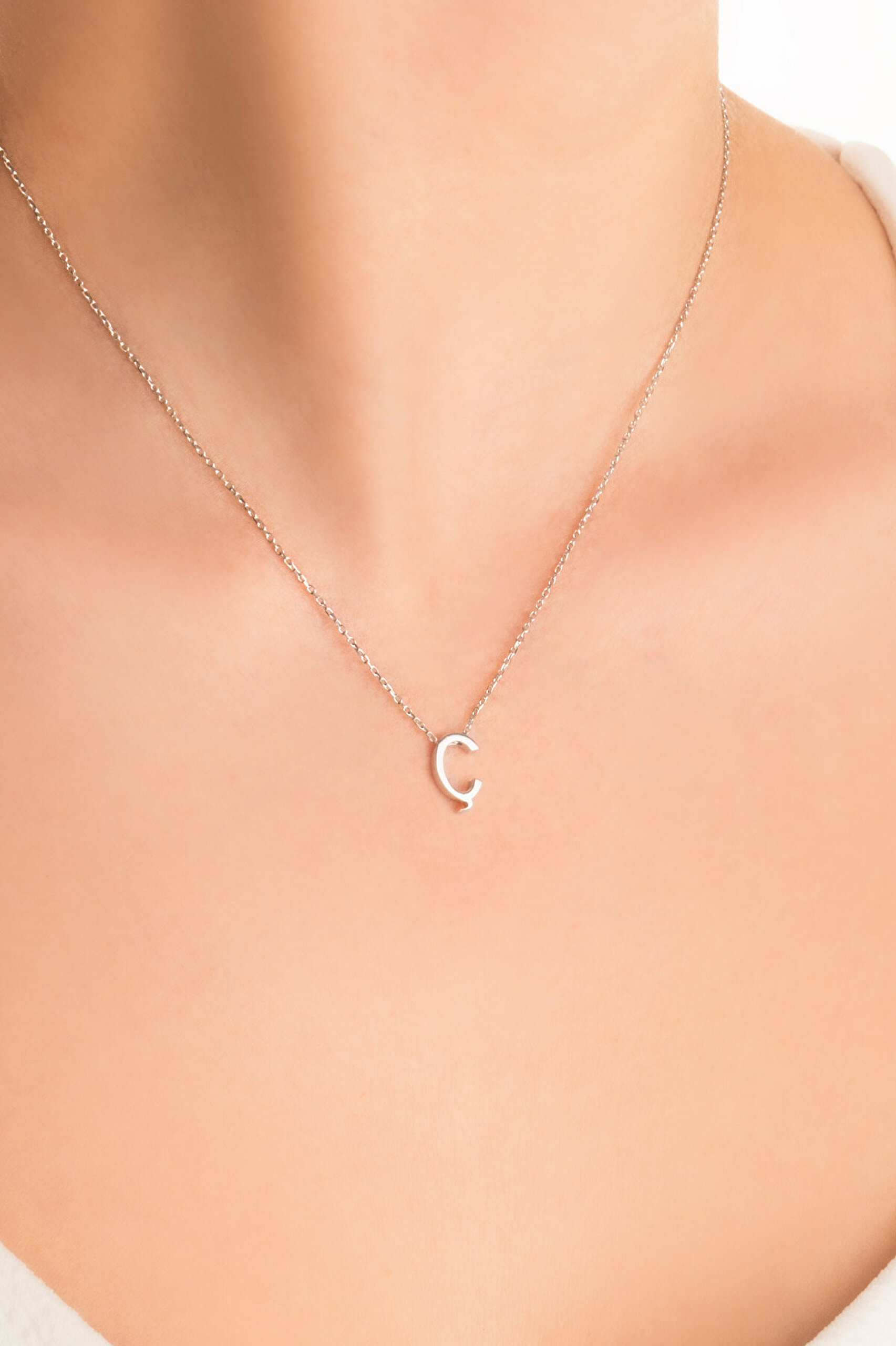 My Story Ç Harfi 18 Ayar Beyaz Altın Kaplama 45 Cm Gümüş Kolye - 1