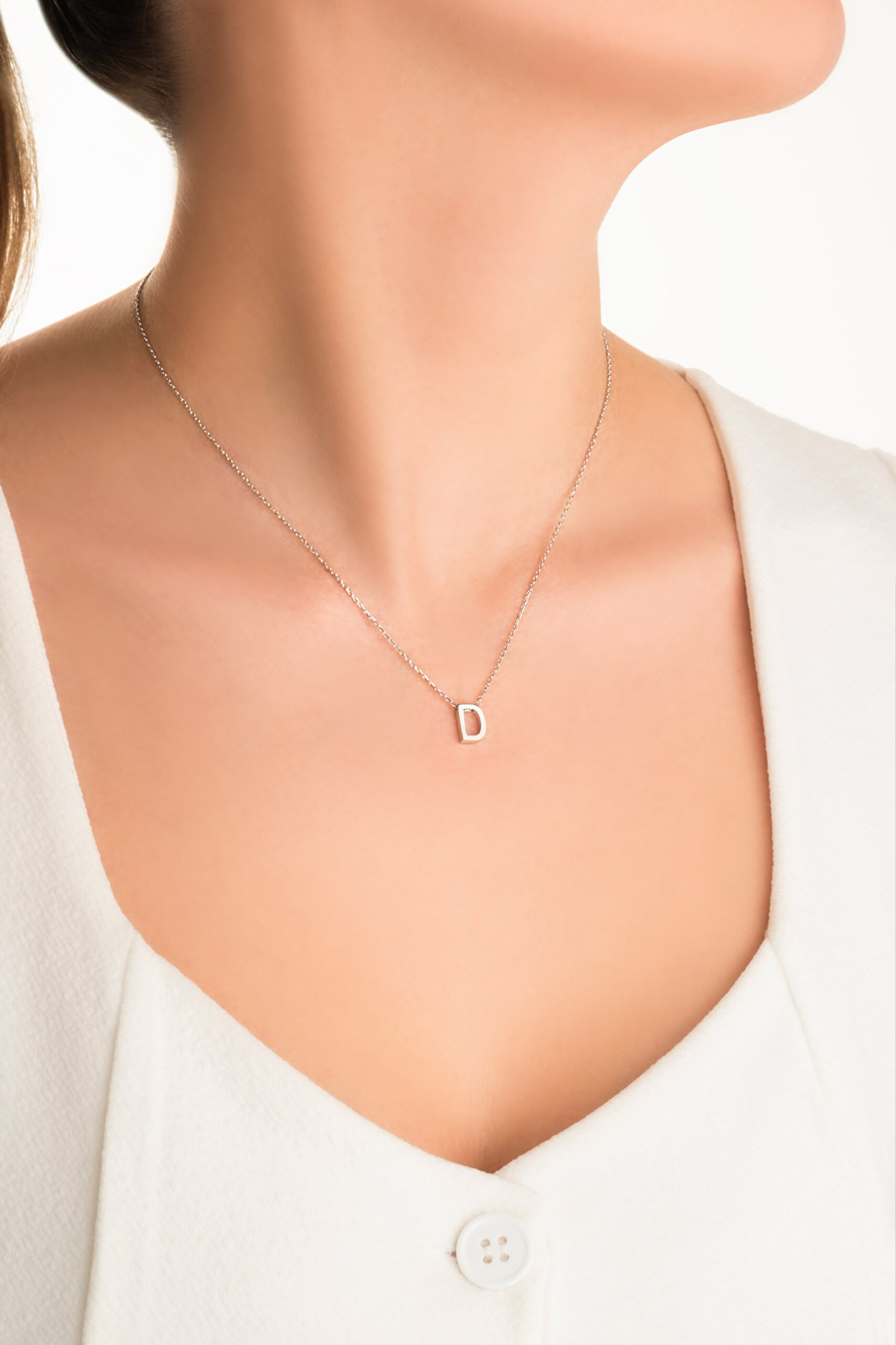 My Story D Harfi 18 Ayar Beyaz Altın Kaplama 45 Cm Gümüş Kolye - 3