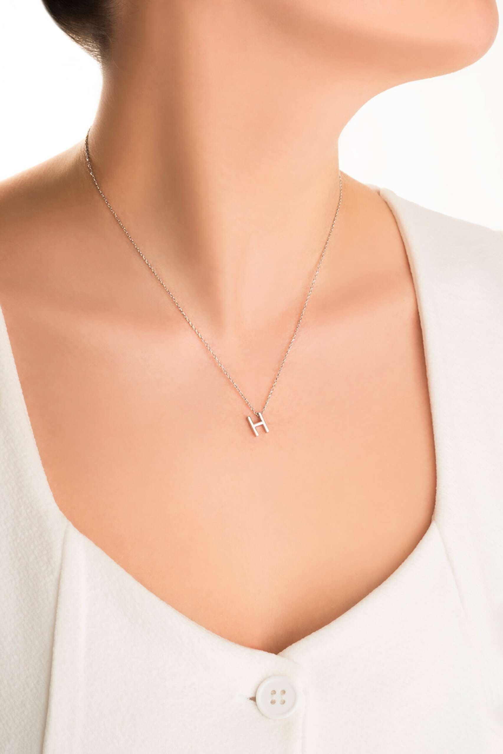 My Story H Harfi 18 Ayar Beyaz Altın Kaplama 45 Cm Gümüş Kolye - 3