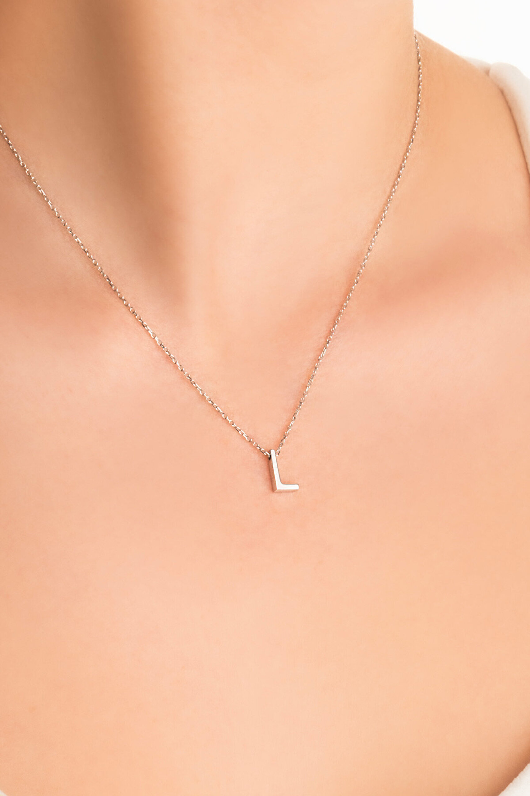 My Story L Harfi 18 Ayar Beyaz Altın Kaplama 45 Cm Gümüş Kolye - 1