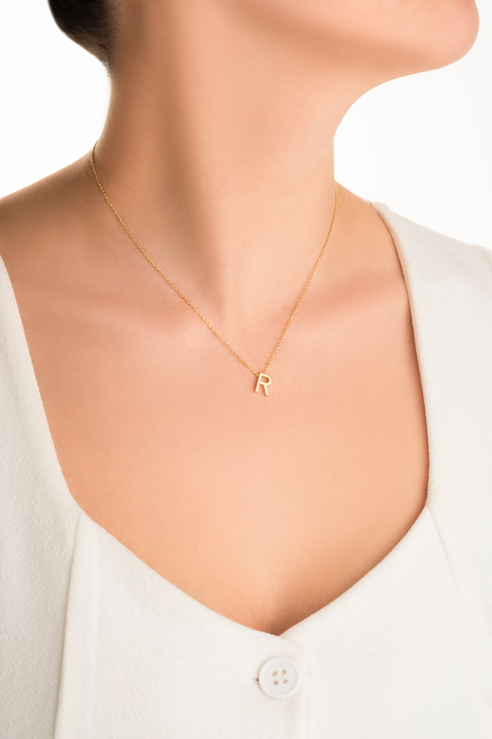 My Story R Harfi 18 Ayar Sarı Altın Kaplama 45 Cm Gümüş Kolye - 3