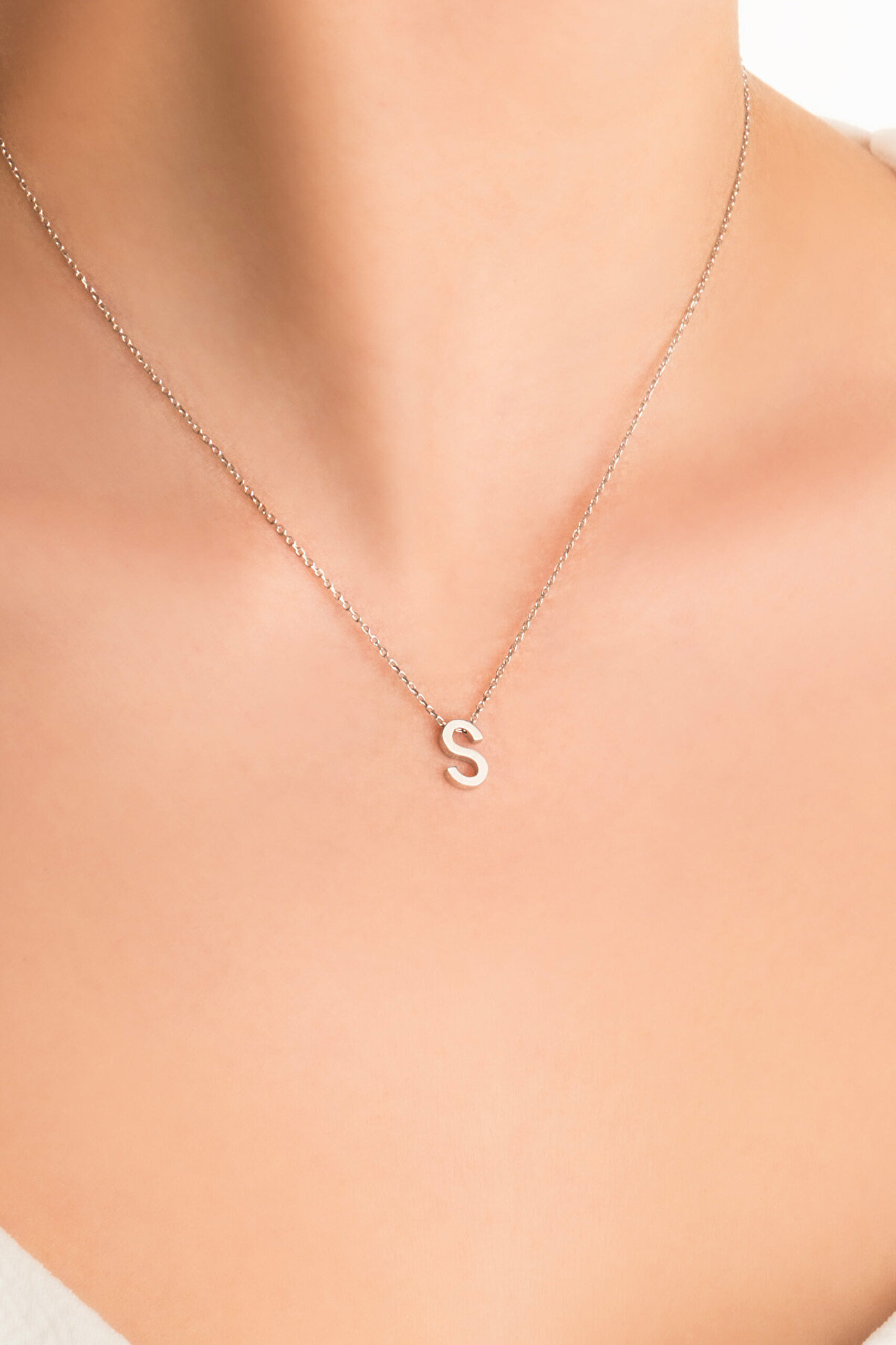 My Story S Harfi 18 Ayar Beyaz Altın Kaplama 45 Cm Gümüş Kolye - 1