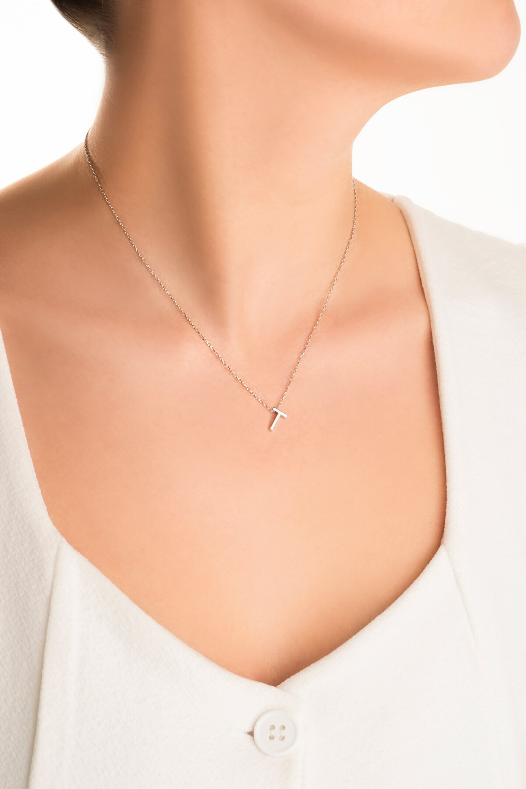 My Story T Harfi 18 Ayar Beyaz Altın Kaplama 45 Cm Gümüş Kolye - 3