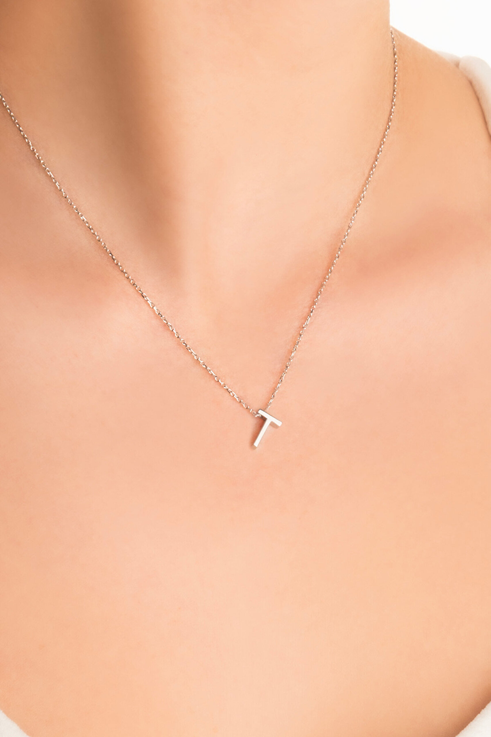 My Story T Harfi 18 Ayar Beyaz Altın Kaplama 45 Cm Gümüş Kolye - 1