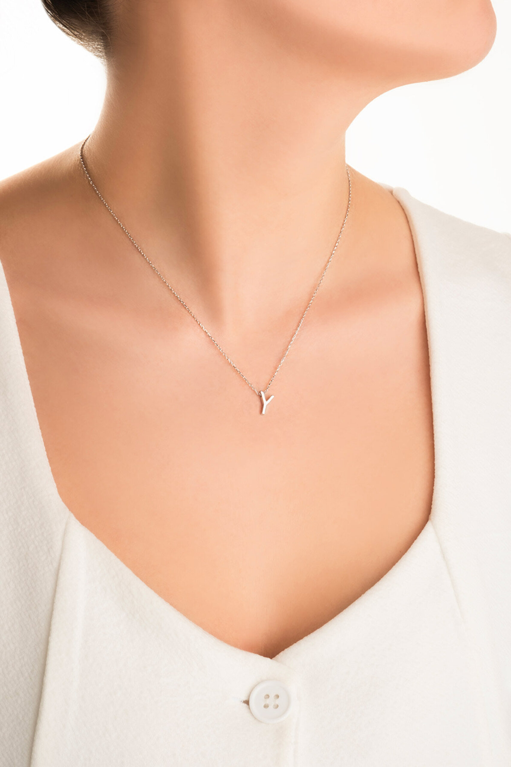 My Story Y Harfi 18 Ayar Beyaz Altın Kaplama 45 Cm Gümüş Kolye - 3