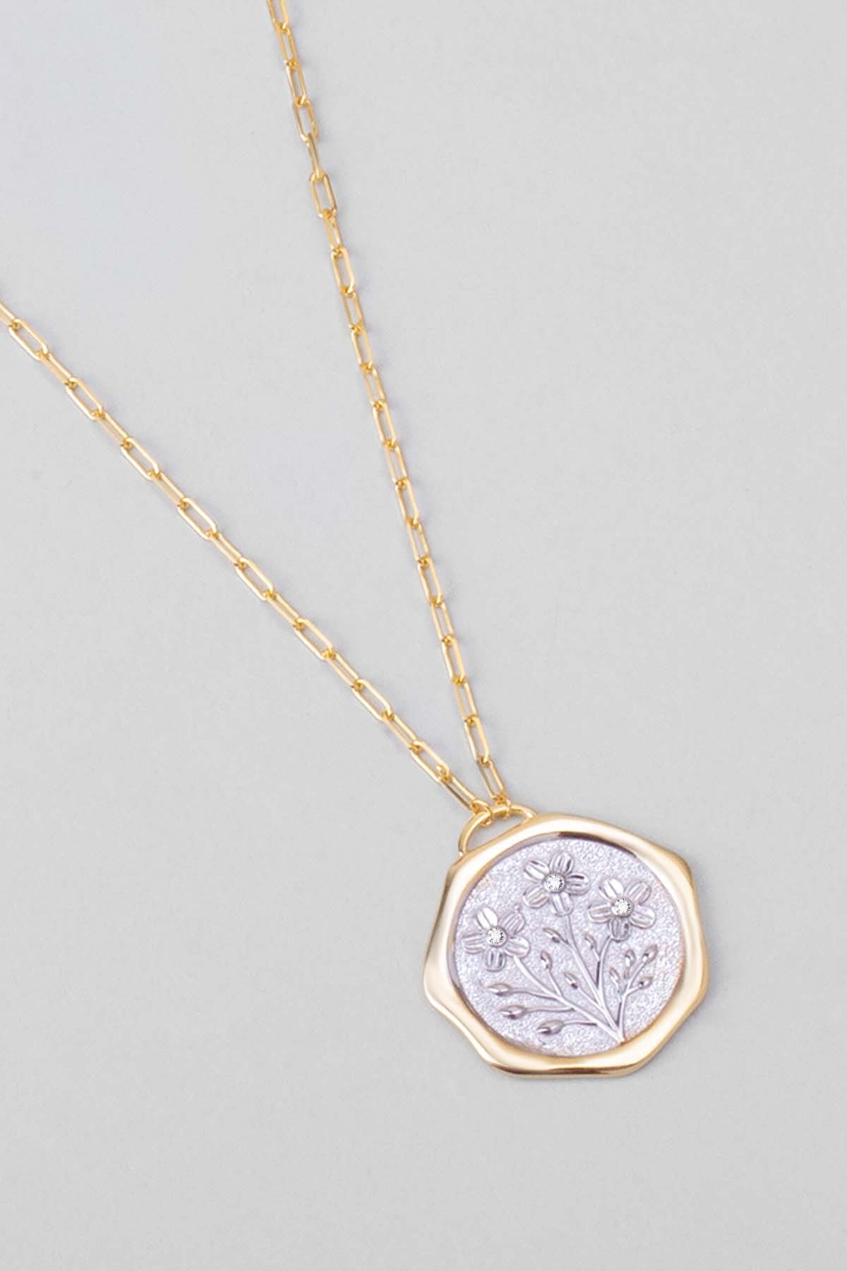 ⁠ İlkbahar Çiçeği 18 Ayar Sarı Ve Beyaz Altın Kaplama 58 Cm Çift Taraflı Gümüş Kolye_5}