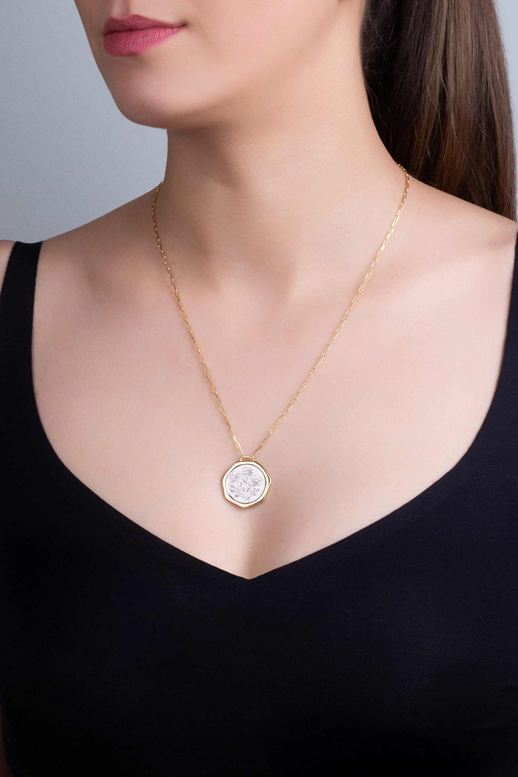 ⁠ İlkbahar Çiçeği 18 Ayar Sarı Ve Beyaz Altın Kaplama 58 Cm Çift Taraflı Gümüş Kolye_3}