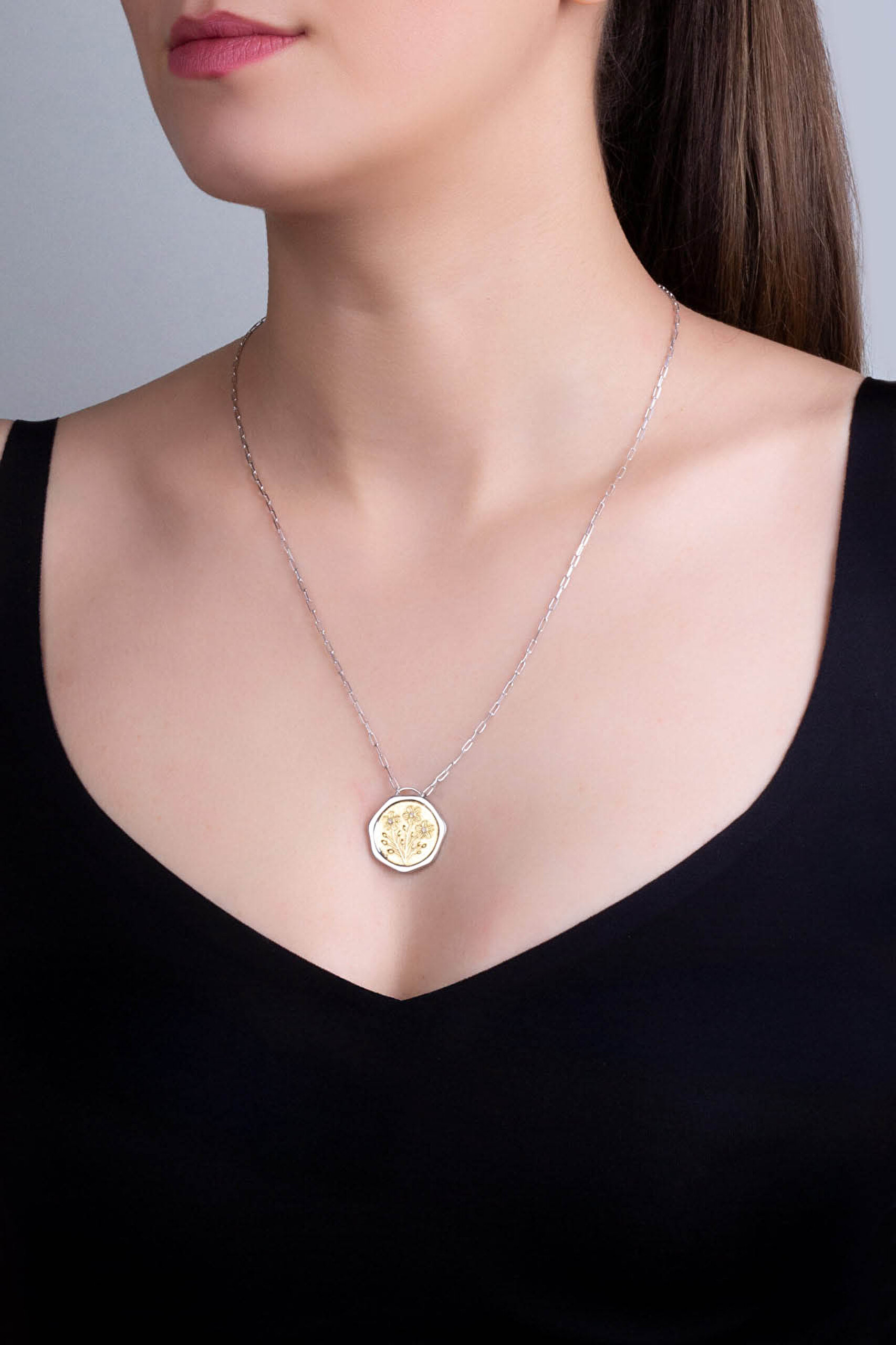 ⁠ İlkbahar Çiçeği 18 Ayar Sarı Ve Beyaz Altın Kaplama 58 Cm Çift Taraflı Gümüş Kolye_3}