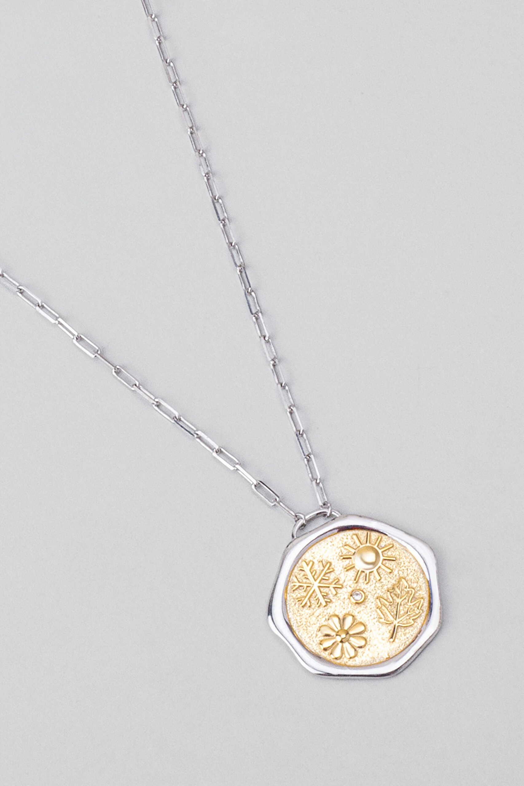 ⁠ İlkbahar Çiçeği 18 Ayar Sarı Ve Beyaz Altın Kaplama 58 Cm Çift Taraflı Gümüş Kolye_6}