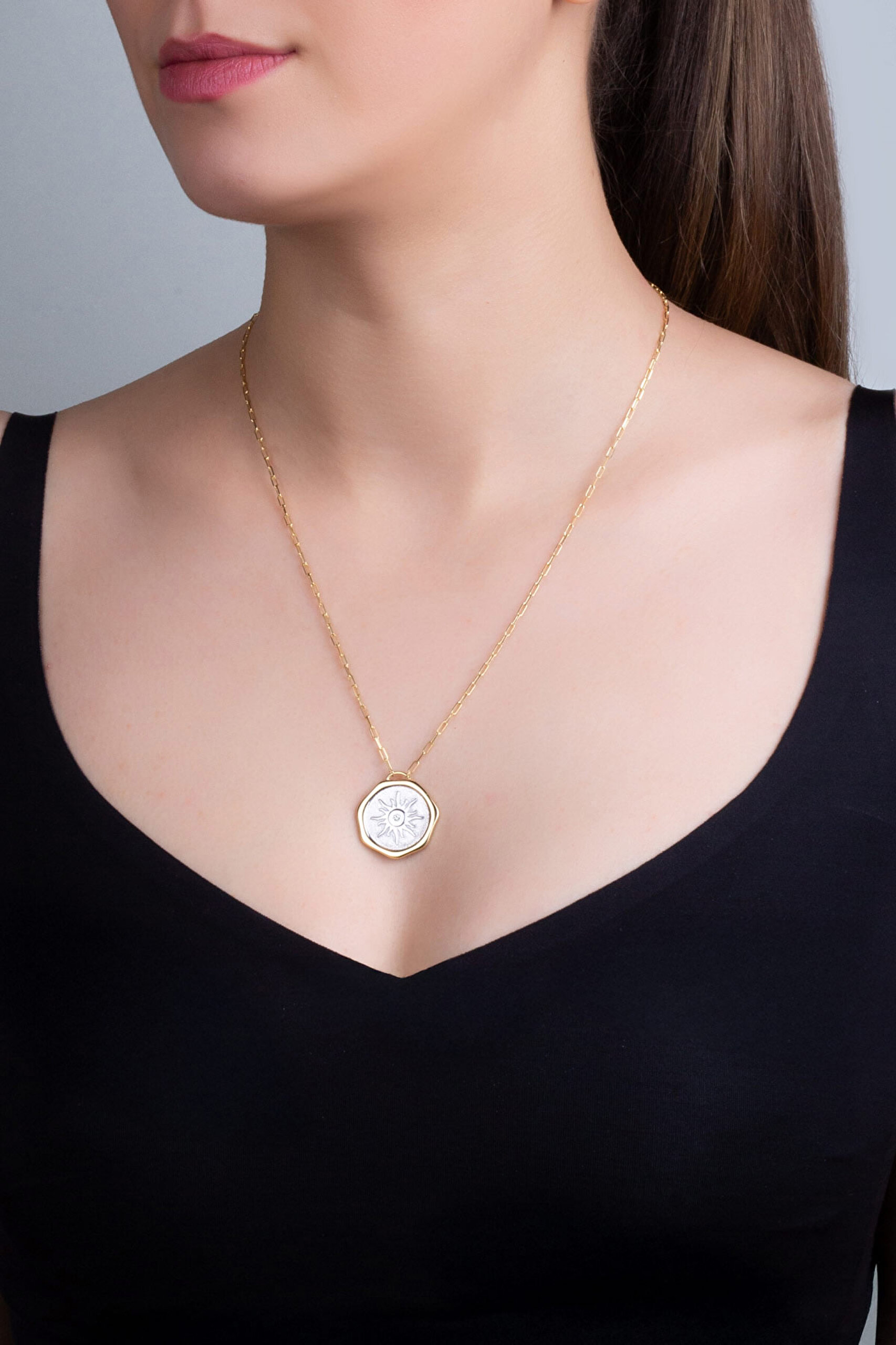 ⁠ Yaz Güneşi 18 Ayar Sarı Ve Beyaz Altın Kaplama 58 Cm Çift Taraflı Gümüş Kolye_3}