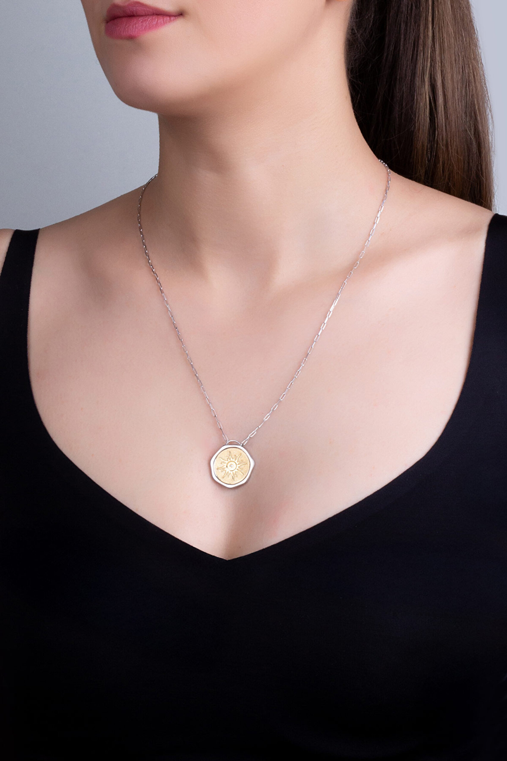 ⁠ Yaz Güneşi 18 Ayar Sarı Ve Beyaz Altın Kaplama 58 Cm Çift Taraflı Gümüş Kolye_3}