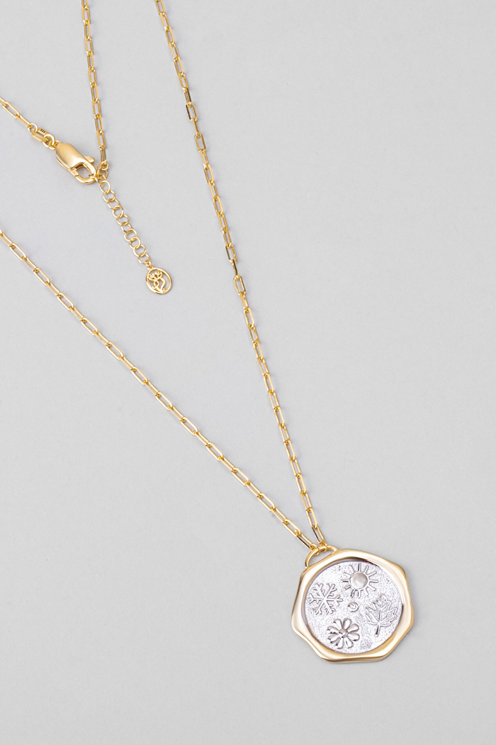 ⁠ Sonbahar Yaprağı 18 Ayar Sarı Ve Beyaz Altın Kaplama 58 Cm Çift Taraflı Gümüş Kolye_4}