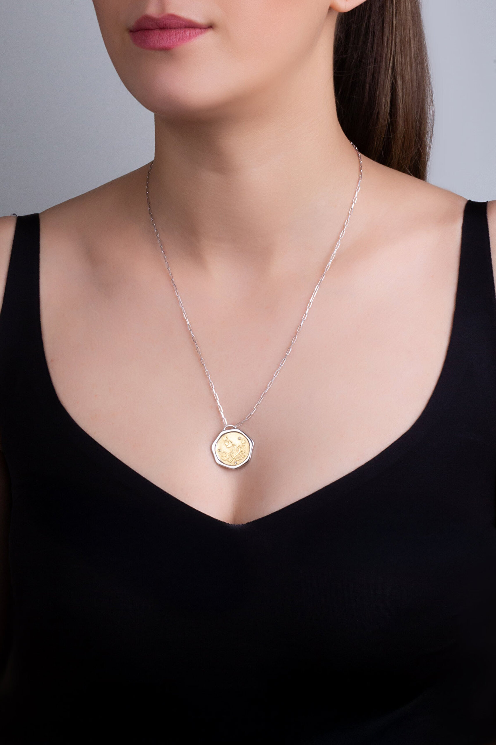 ⁠ Sonbahar Yaprağı 18 Ayar Sarı Ve Beyaz Altın Kaplama 58 Cm Çift Taraflı Gümüş Kolye_3}