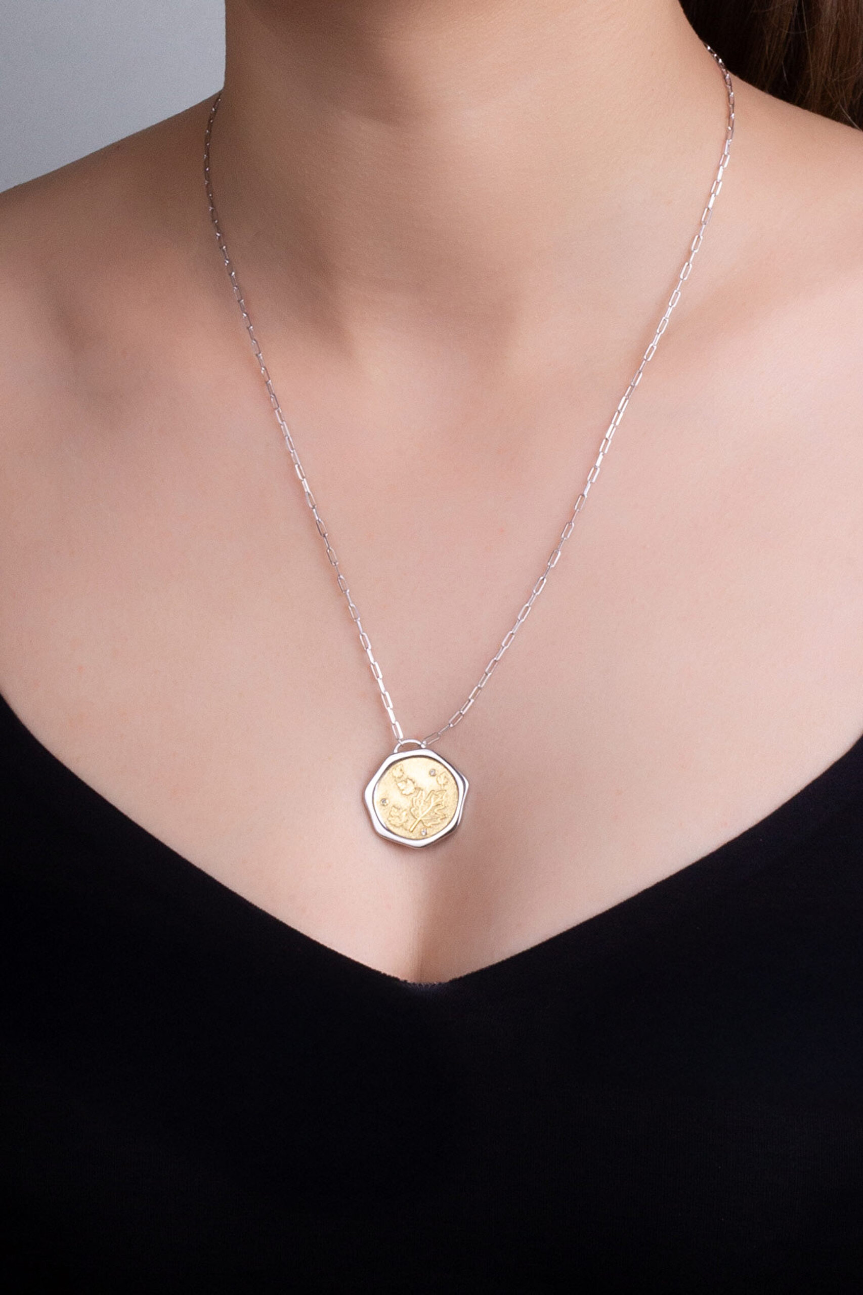 ⁠ Sonbahar Yaprağı 18 Ayar Sarı Ve Beyaz Altın Kaplama 58 Cm Çift Taraflı Gümüş Kolye_1}