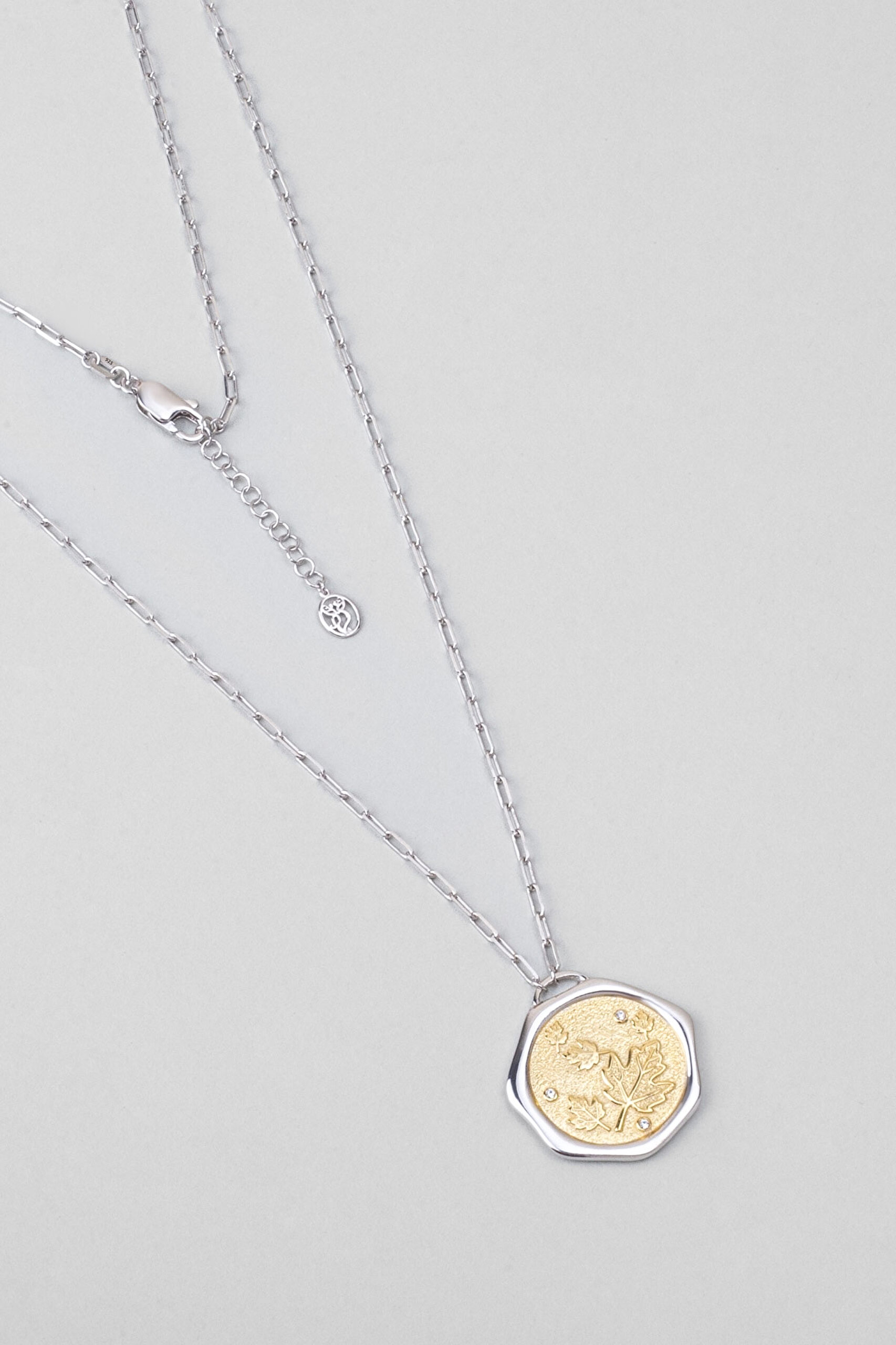 ⁠ Sonbahar Yaprağı 18 Ayar Sarı Ve Beyaz Altın Kaplama 58 Cm Çift Taraflı Gümüş Kolye_0}