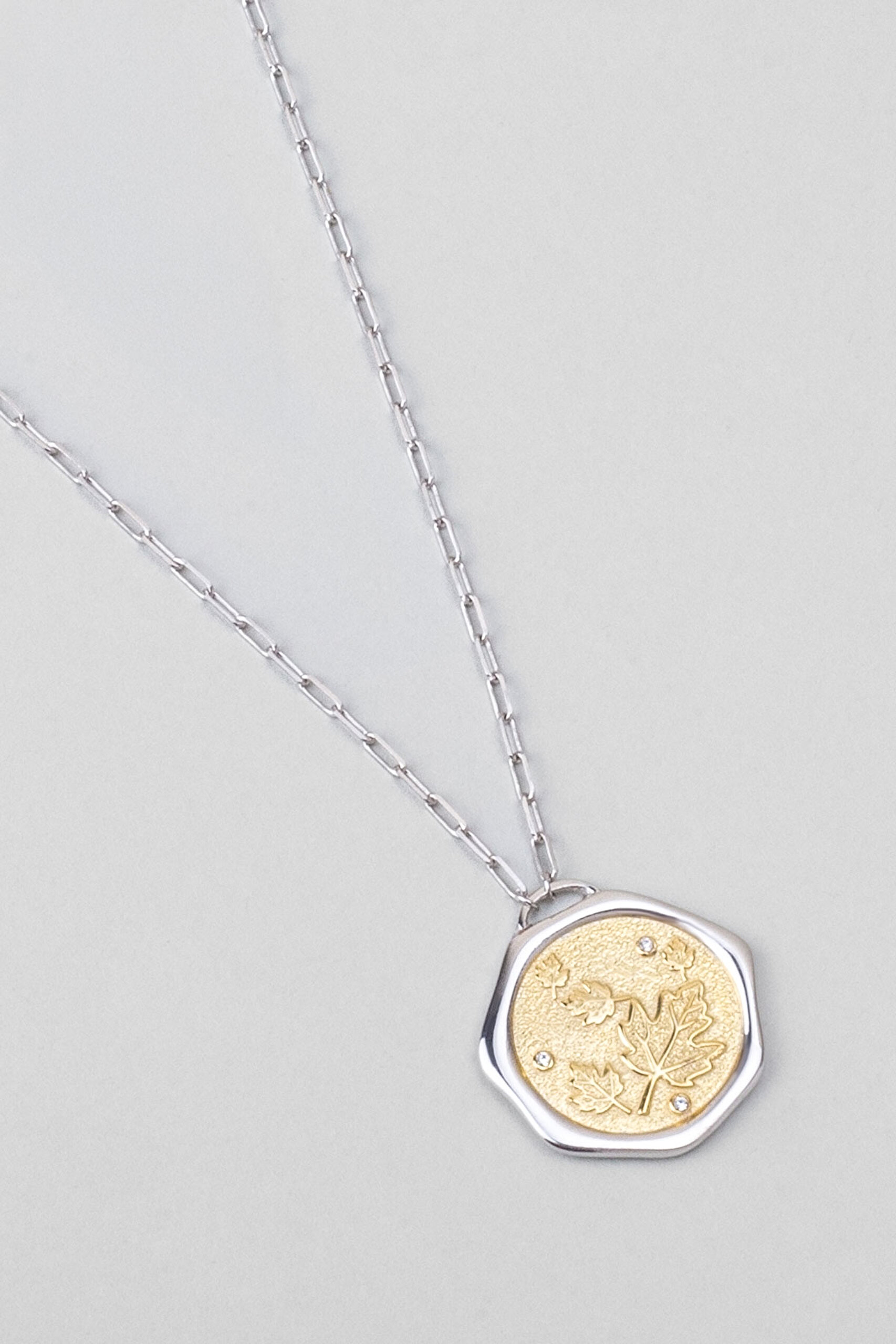 ⁠ Sonbahar Yaprağı 18 Ayar Sarı Ve Beyaz Altın Kaplama 58 Cm Çift Taraflı Gümüş Kolye_5}