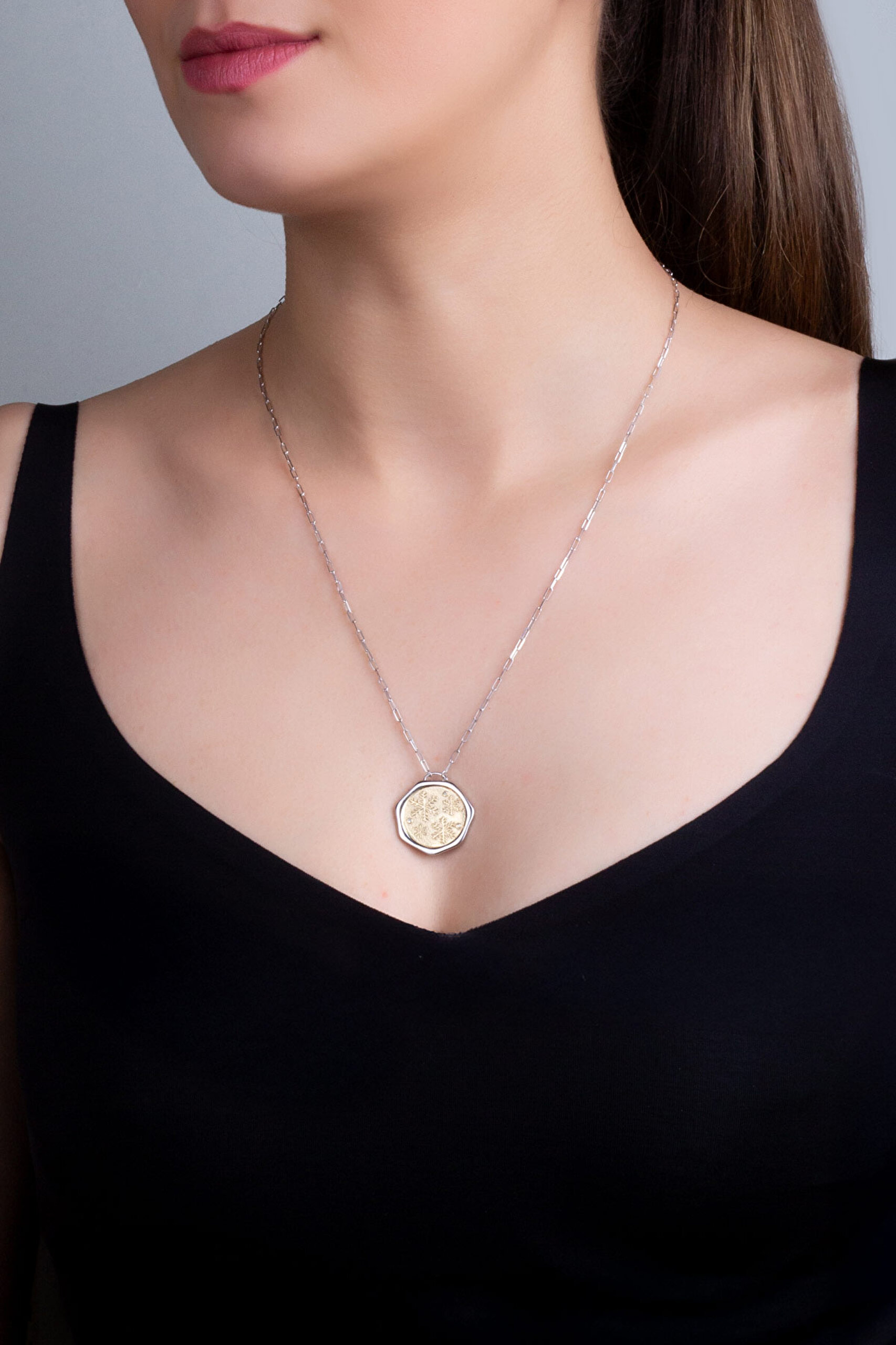 ⁠ Kış Kristali 18 Ayar Sarı Ve Beyaz Altın Kaplama 58 Cm Çift Taraflı Gümüş Kolye_3}