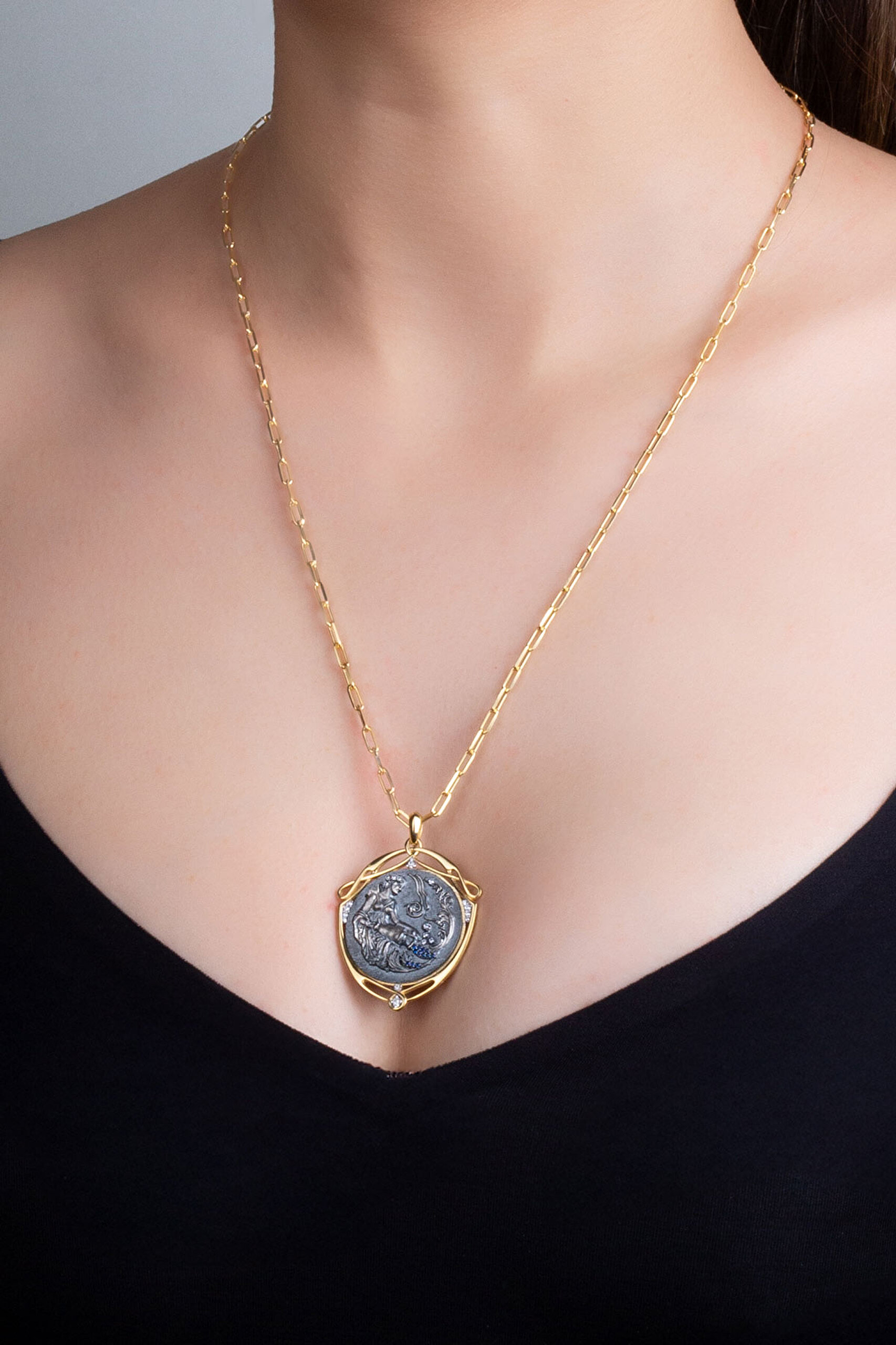 ⁠ Demeter 18 Ayar Sarı Altın Kaplama 60 Cm Gümüş Madalyon Kolye_1}