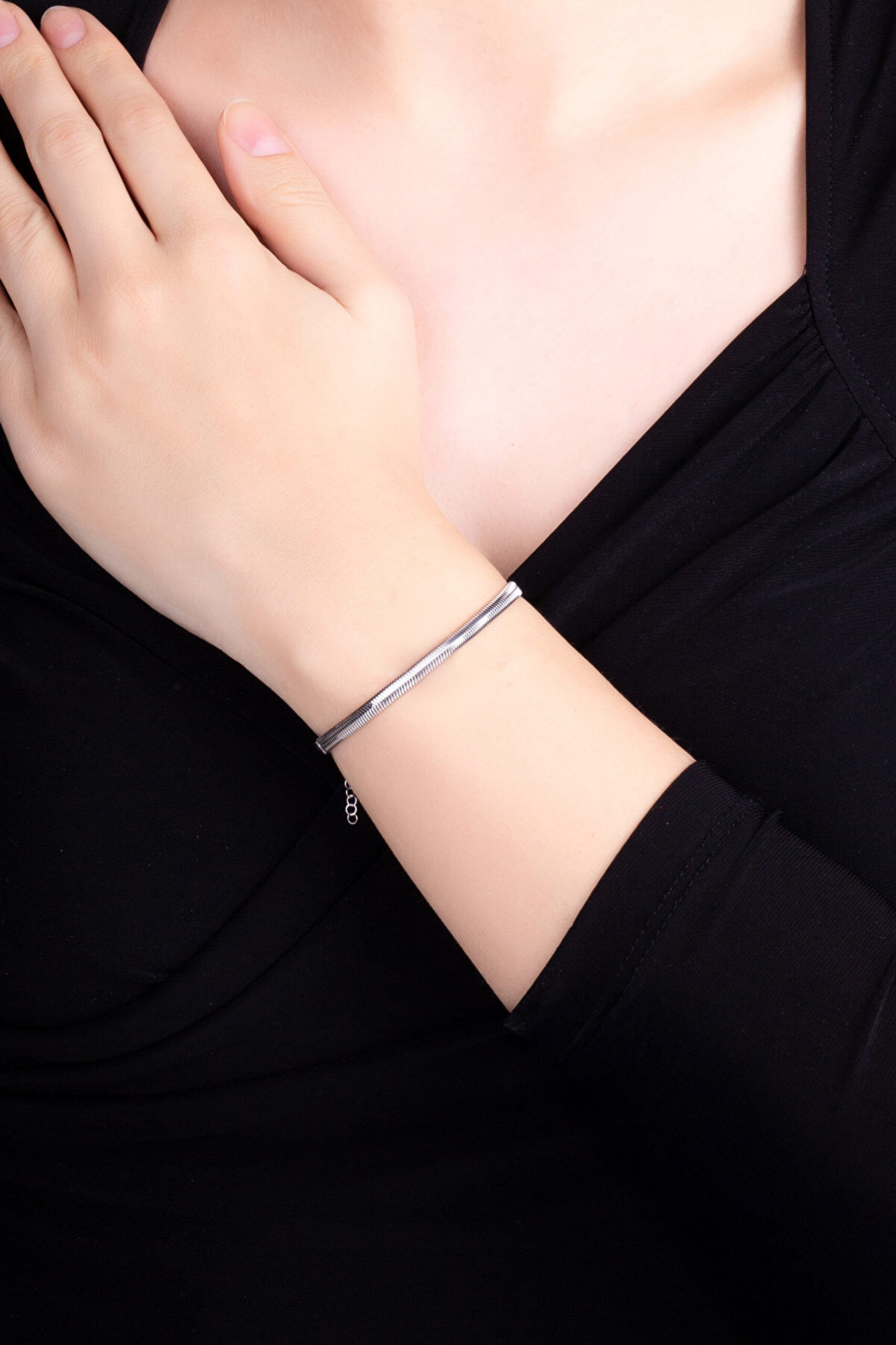 Cashmere 18 Ayar Beyaz Altın Kaplama 19 Cm Gümüş Balık Sırtı Bileklik - 1