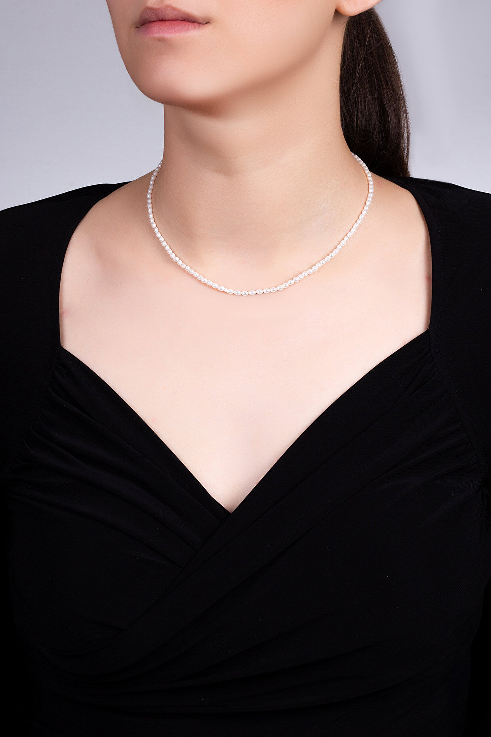 Beyaz İnci 18 Ayar Beyaz Altın Kaplama 43 Cm Gümüş Kolye - 6