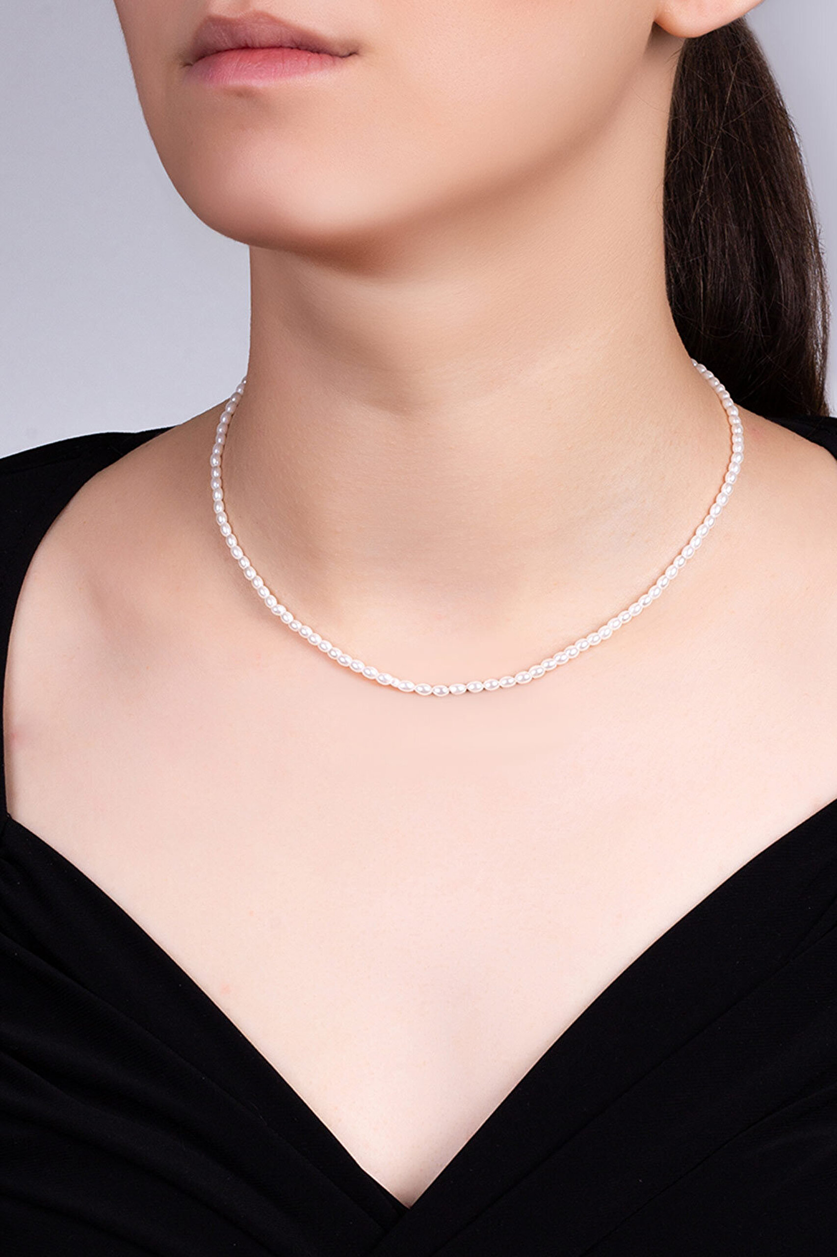 Beyaz İnci 18 Ayar Beyaz Altın Kaplama 43 Cm Gümüş Kolye - 1