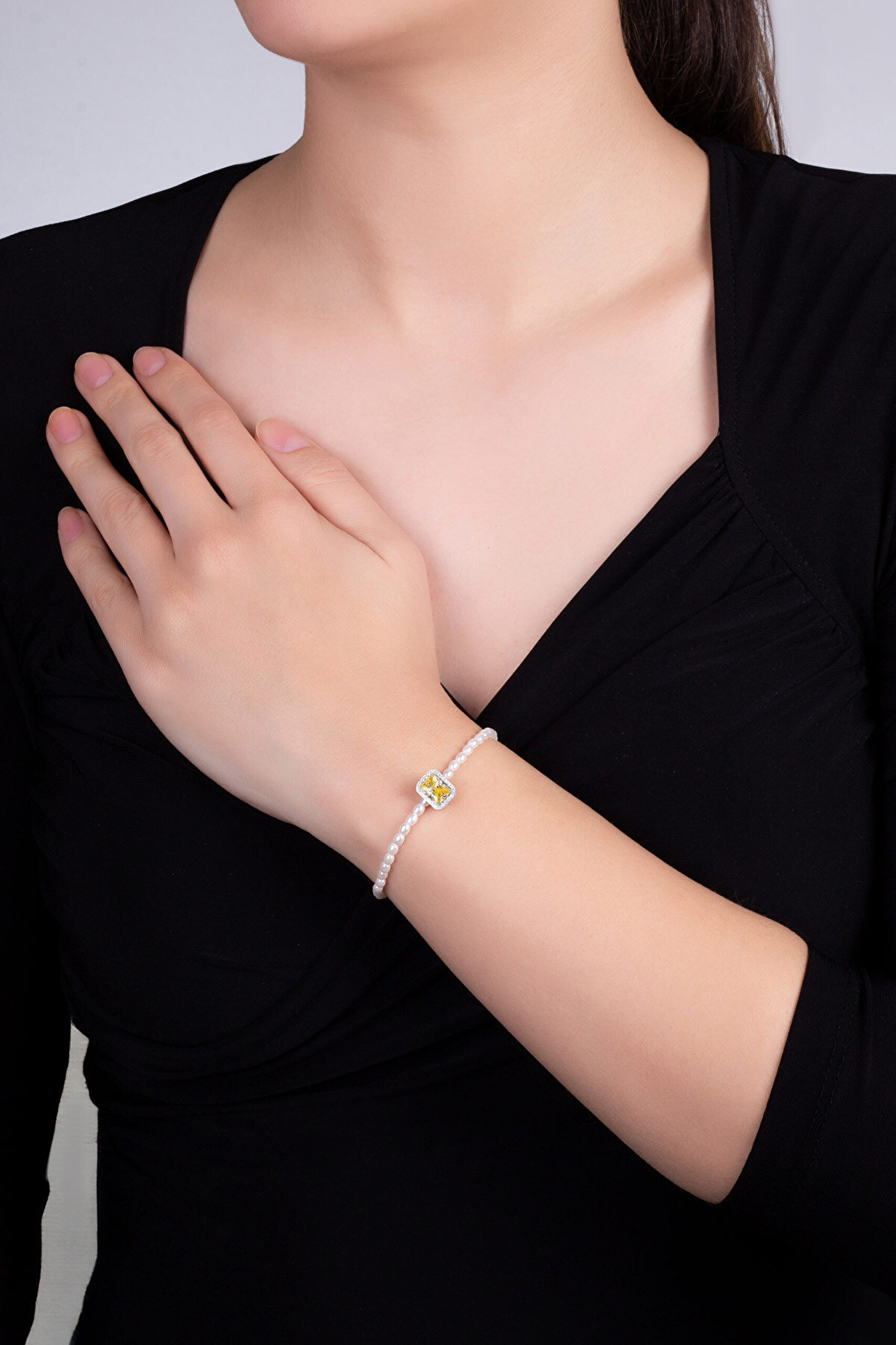 Beyaz İnci 18 Ayar Sarı Altın Kaplama 20 Cm Gümüş Bileklik - 3