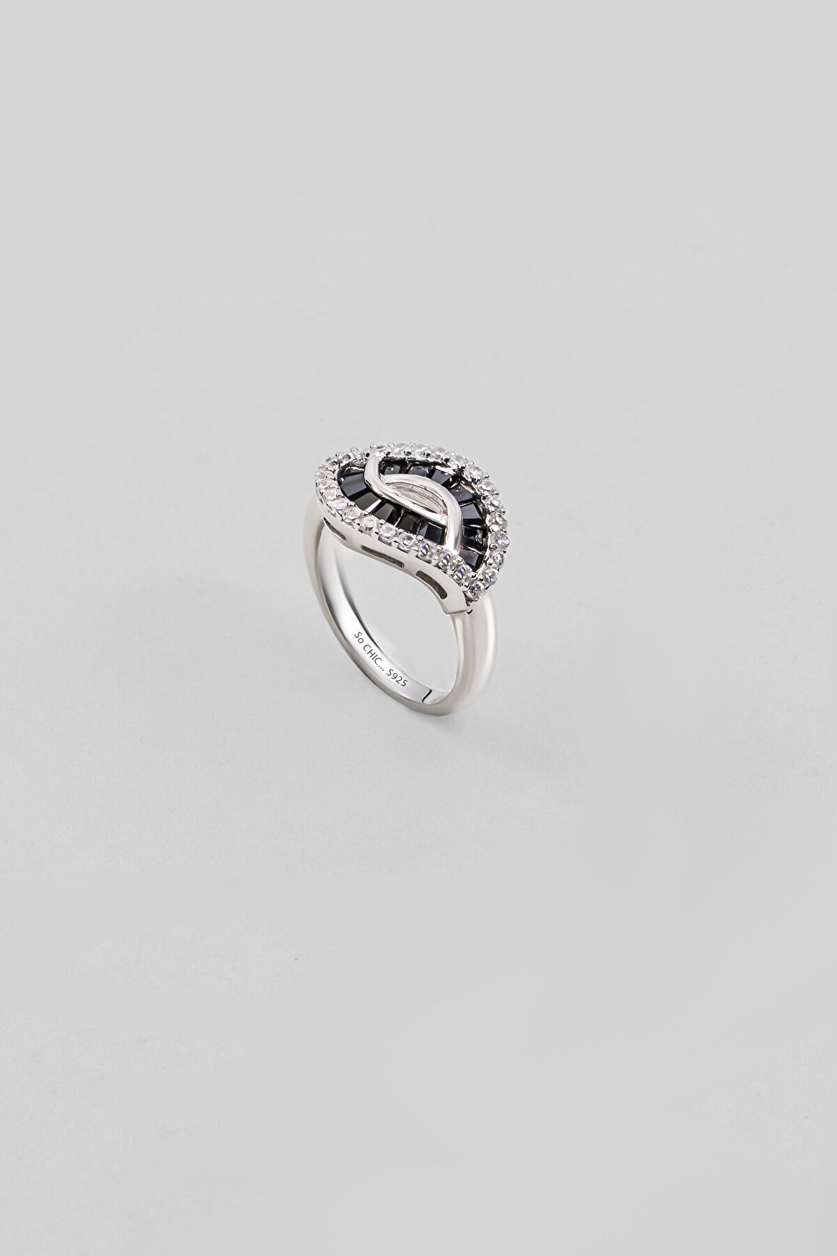 Modern Siyah 18 Ayar Beyaz Altın Kaplama Gümüş Yüzük - 0