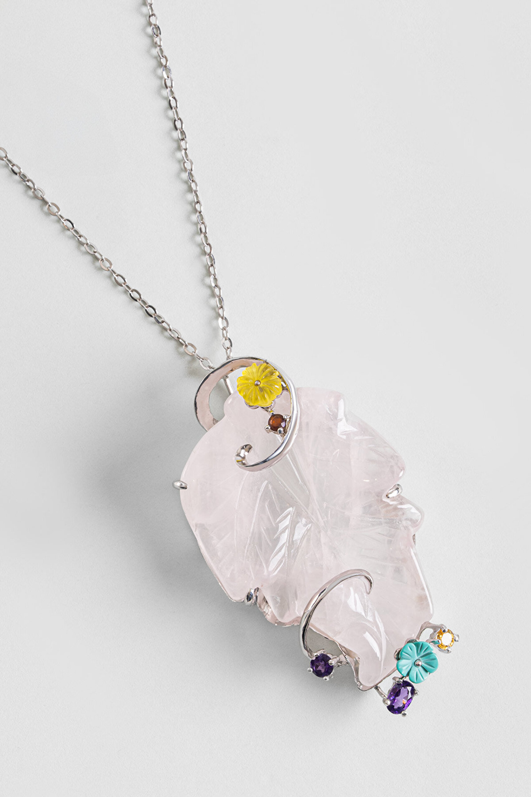 Doğal Pembe Kuvars Taşlı 18 Ayar Beyaz Altın Kaplama 43 Cm Gümüş Kolye - 2