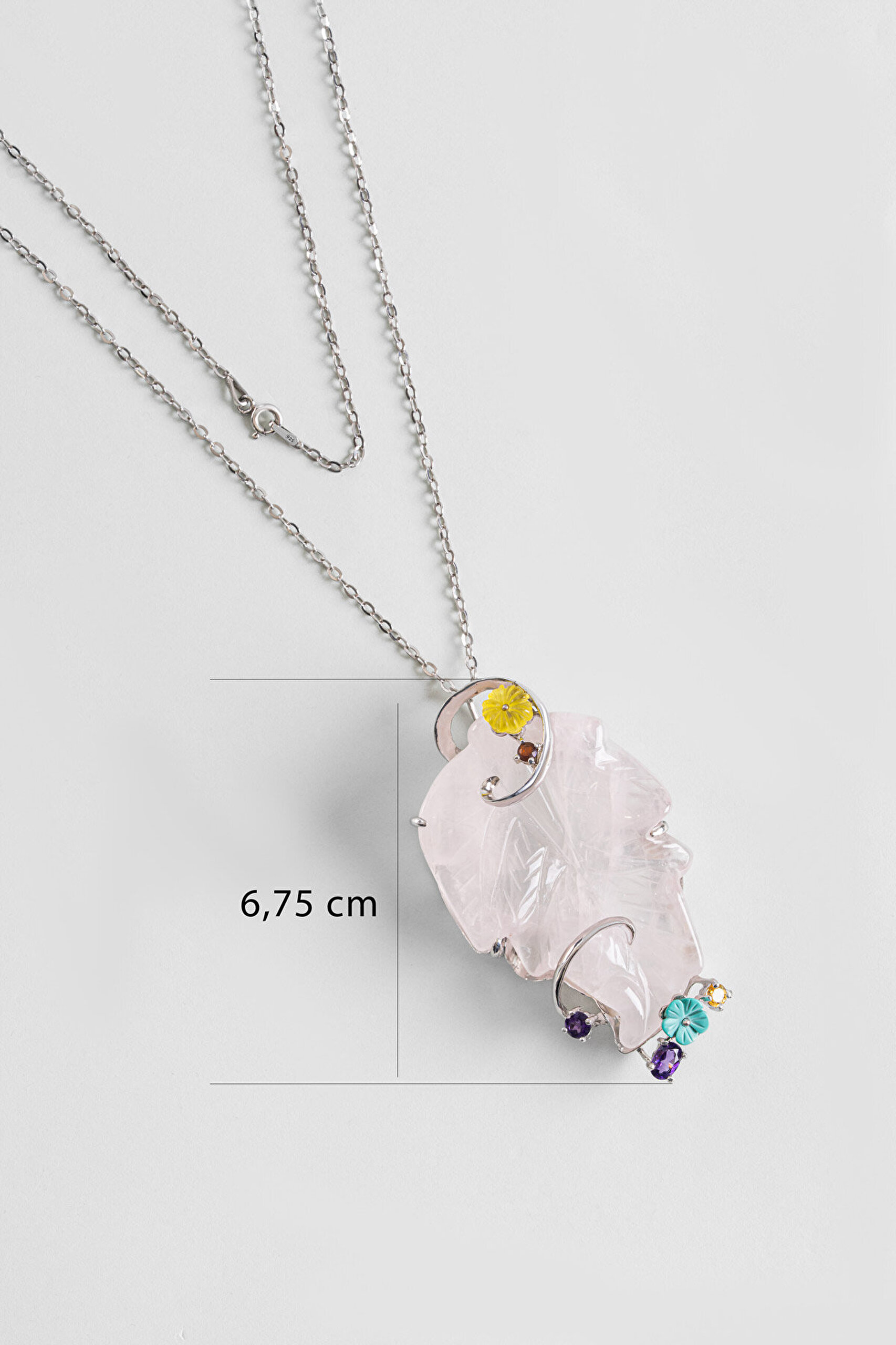 Doğal Pembe Kuvars Taşlı 18 Ayar Beyaz Altın Kaplama 43 Cm Gümüş Kolye - 1