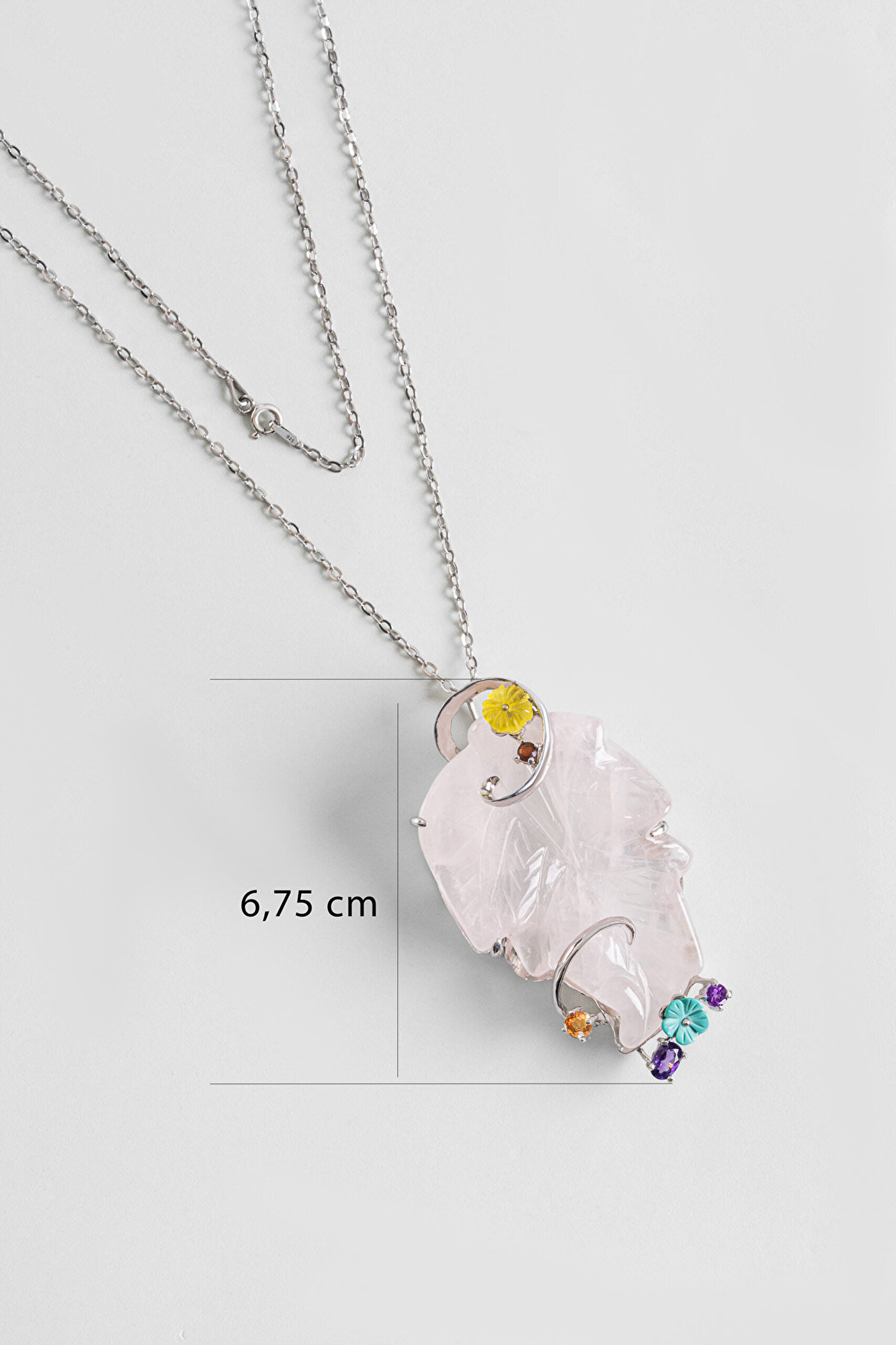 Doğal Pembe Kuvars Taşlı 18 Ayar Beyaz Altın Kaplama 43 Cm Gümüş Kolye - 1