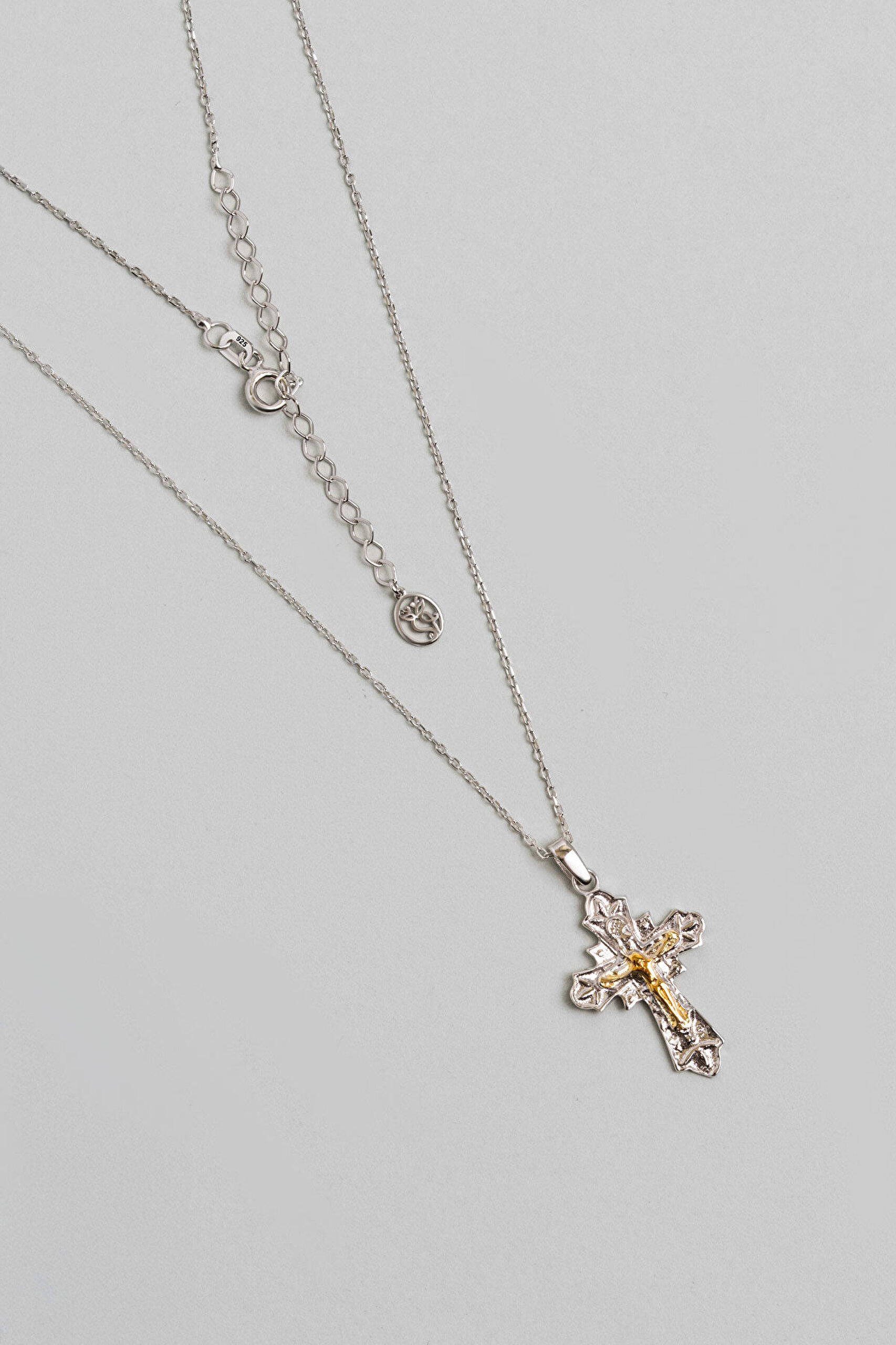 Antik 18 Ayar Beyaz Altın Kaplama 45 Cm Gümüş Cross Kolye - 0