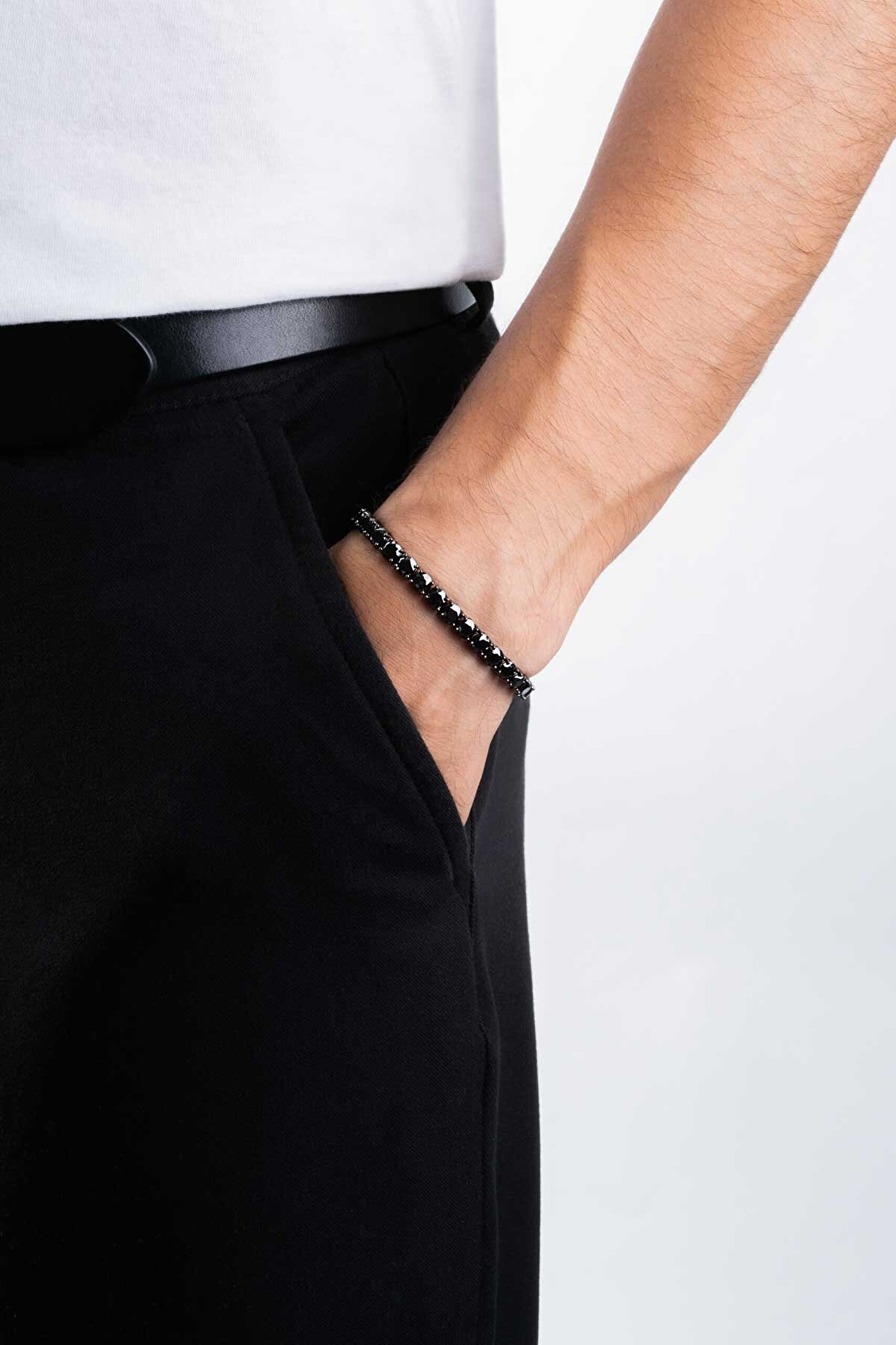 Siyah Taşlı Siyah Rodyum Kaplama Gümüş Unisex Su Yolu Bileklik - 2