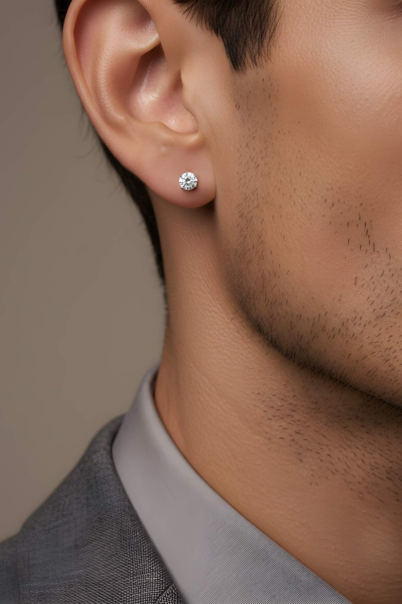 Beyaz Taşlı 18 Ayar Beyaz Altın Kaplama Unisex Gümüş Tektaş Küpe - 5