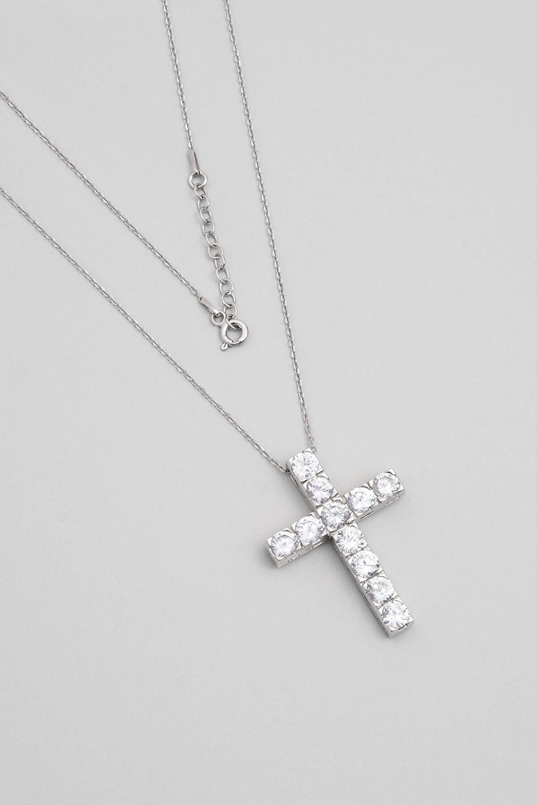 Beyaz Taşlı 18 Ayar Beyaz Altın Kaplama 43 Cm Gümüş Haç Kolye - 0