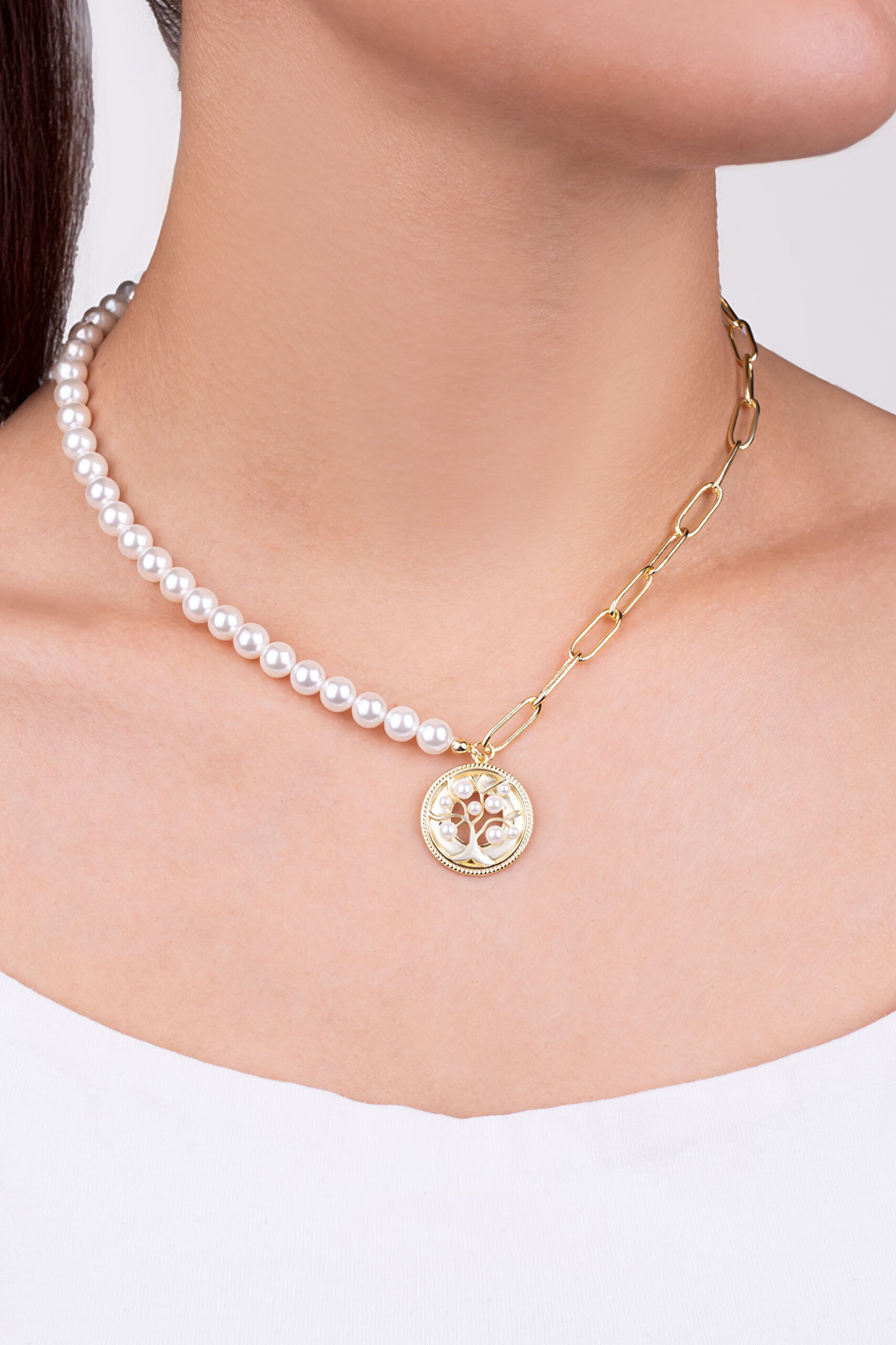⁠ Hayat Ağacı 18 Ayar Sarı Altın Kaplama 45 Cm Gümüş Pearlshine İnci Kolye_1}
