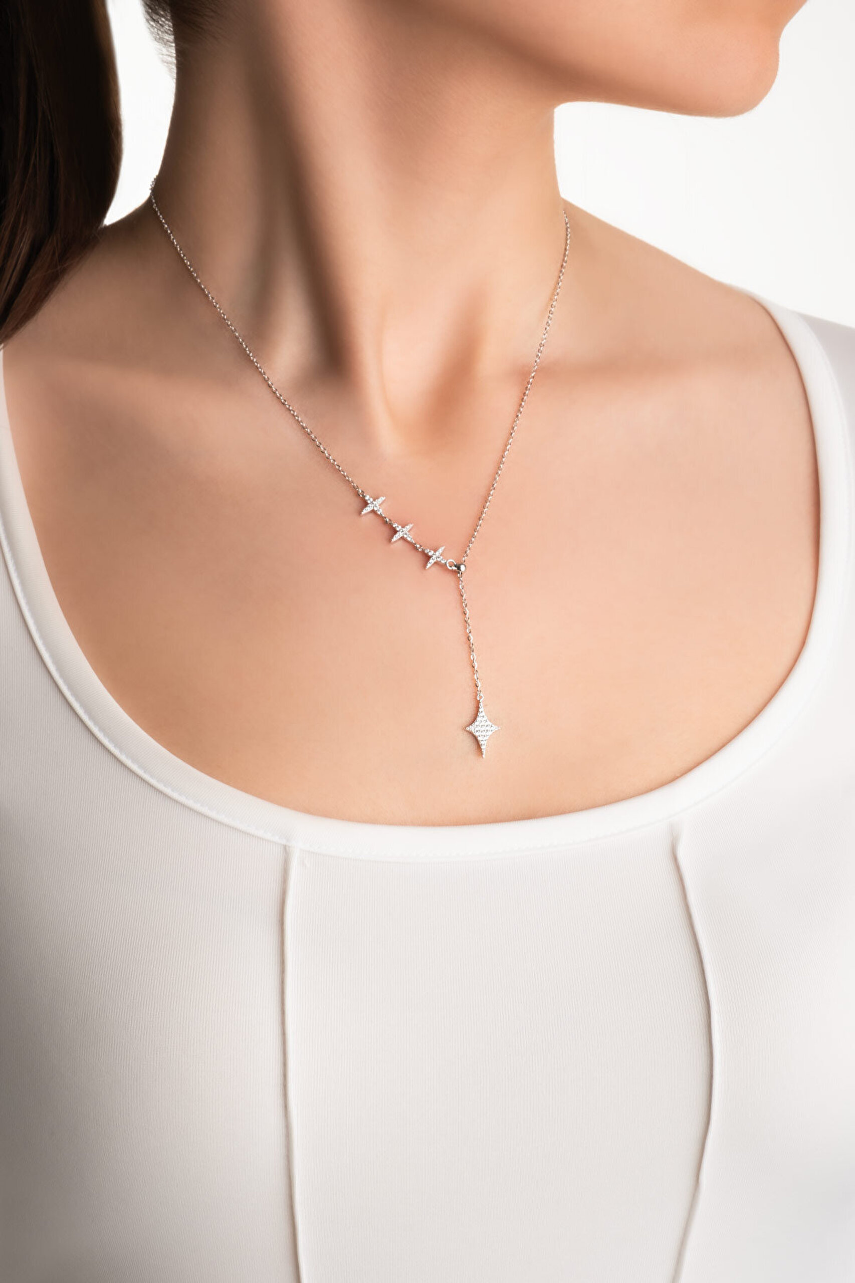 Yıldız Geçidi 18 Ayar Beyaz Altın Kaplama 45 Cm Gümüş Y Kolye - 3