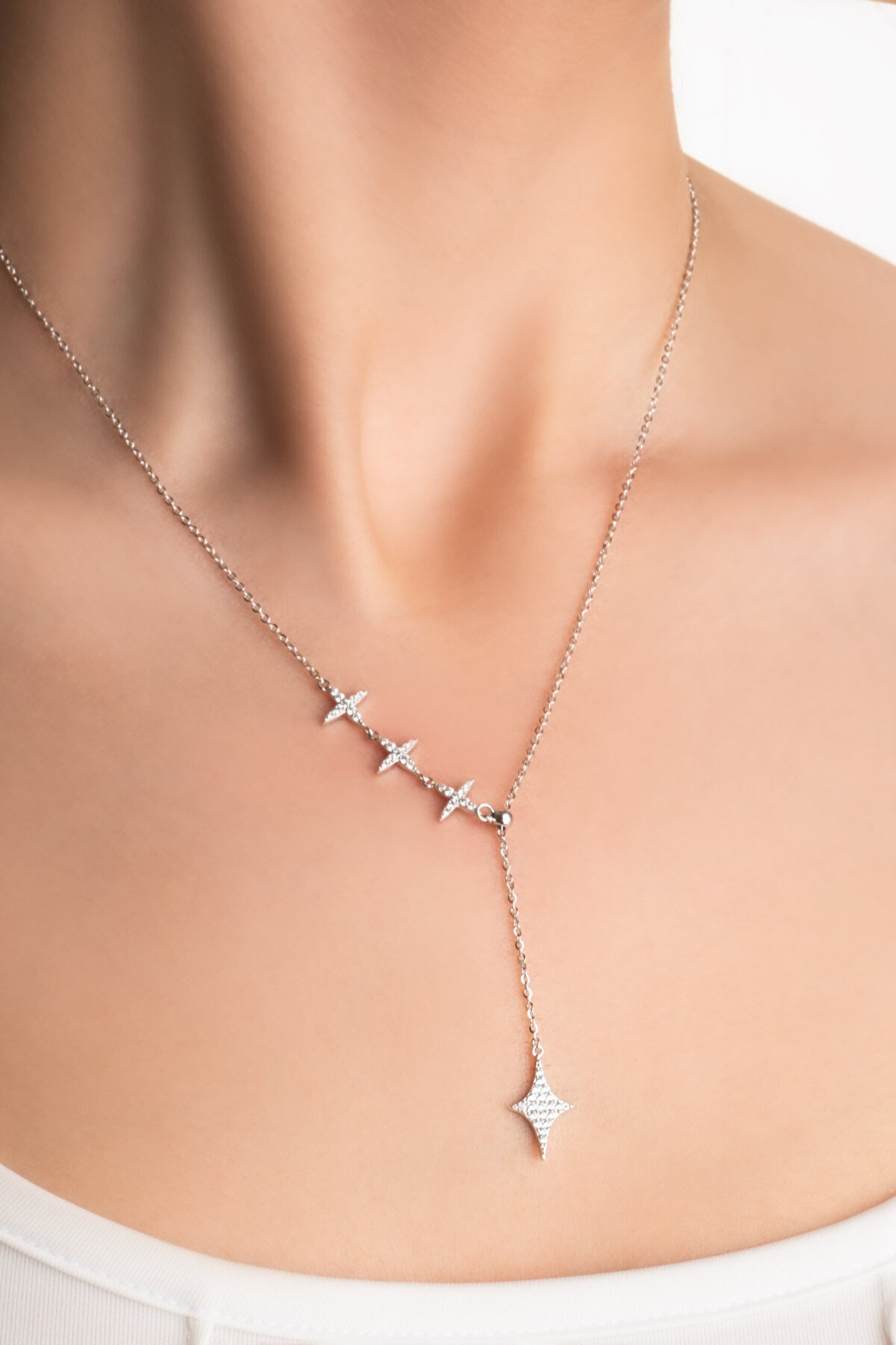 Yıldız Geçidi 18 Ayar Beyaz Altın Kaplama 45 Cm Gümüş Y Kolye - 1