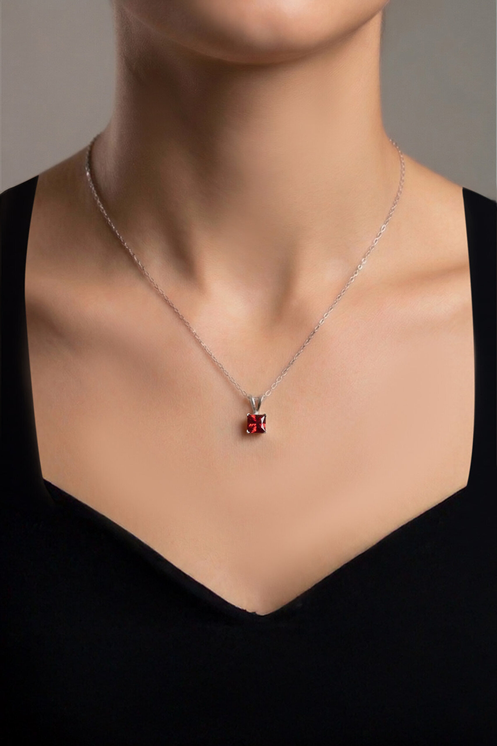 Kırmızı Taşlı 18 Ayar Beyaz Altın Kaplama 43 Cm Gümüş Kolye - 3