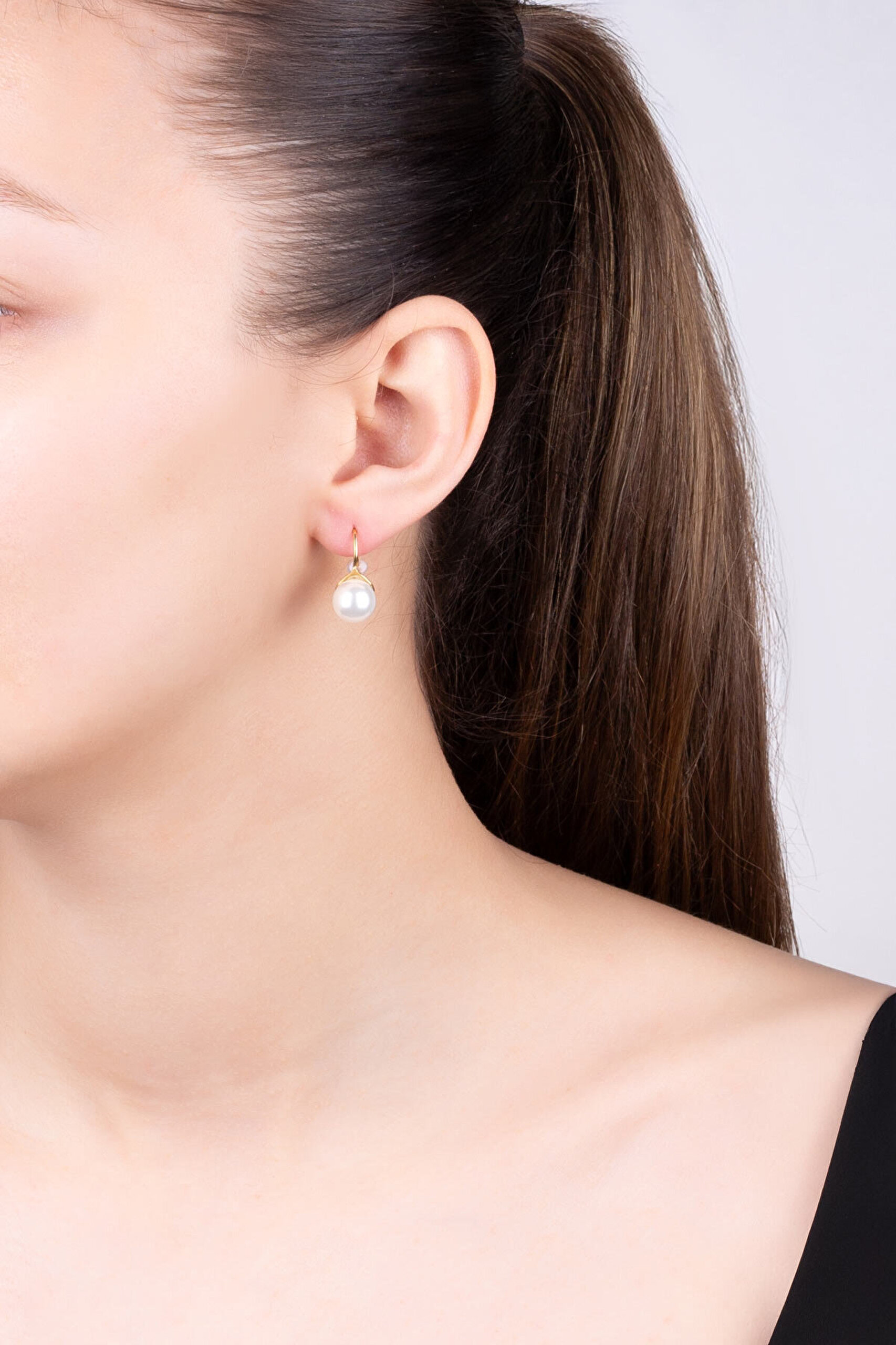 18 Ayar Sarı Altın Kaplama Gümüş İnci Küpe - 3