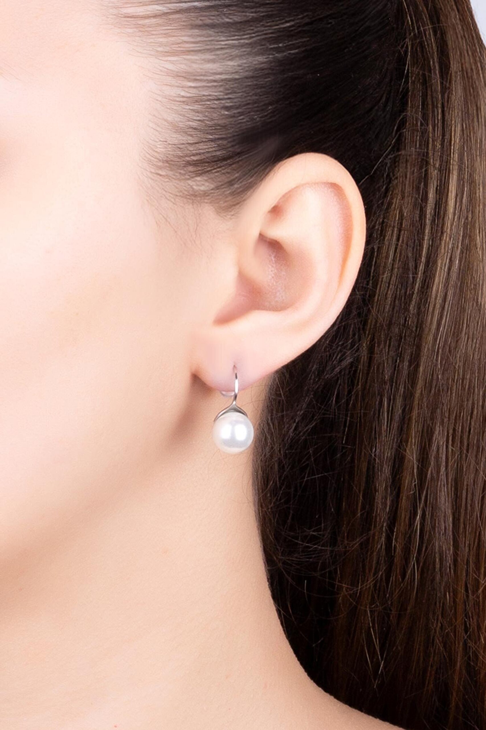 18 Ayar Beyaz Altın Kaplama Gümüş İnci Küpe - 1