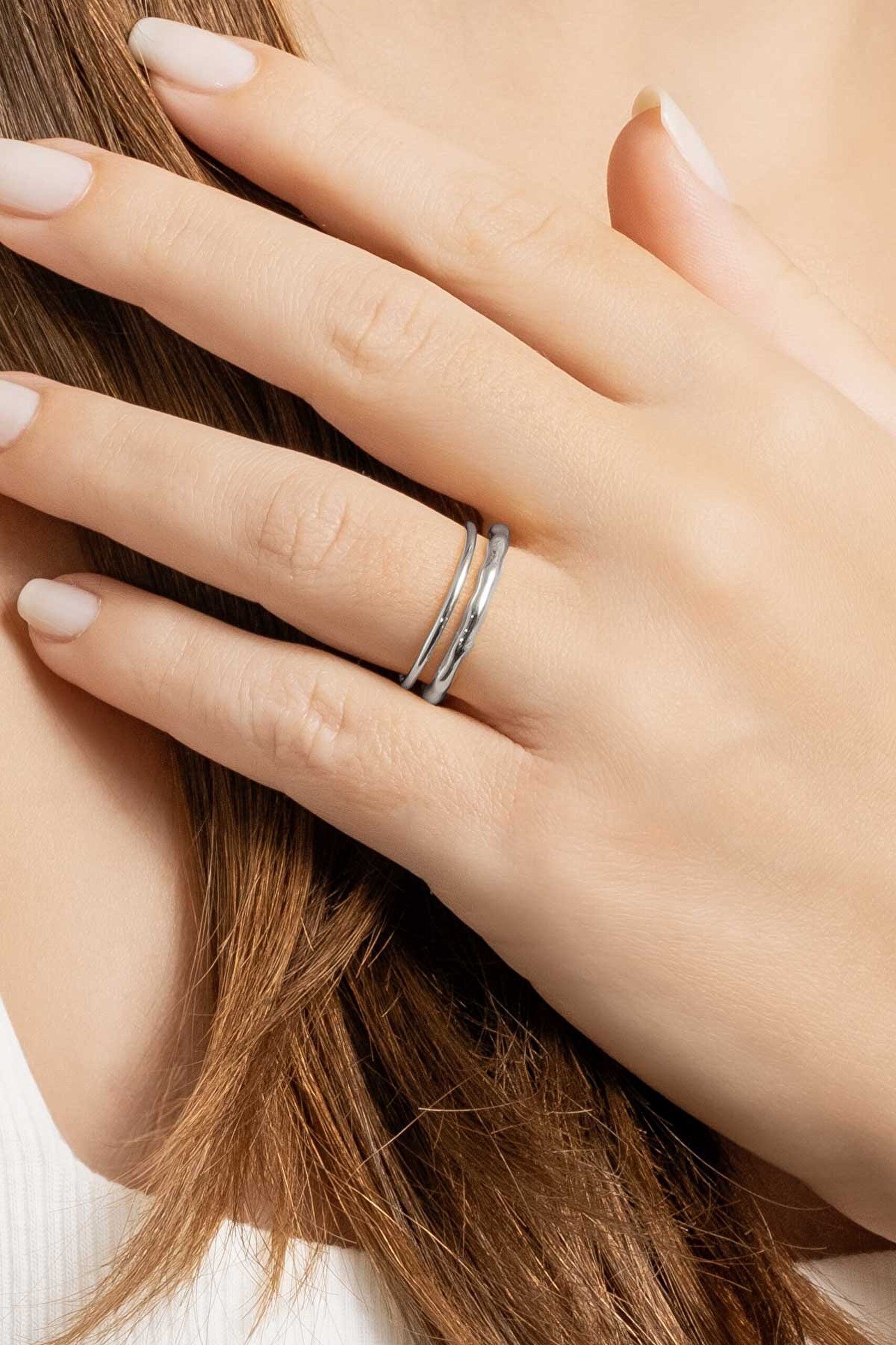 Minimal 18 Ayar Beyaz Altın Kaplama Gümüş Ayarlanabilir Yüzük - 2